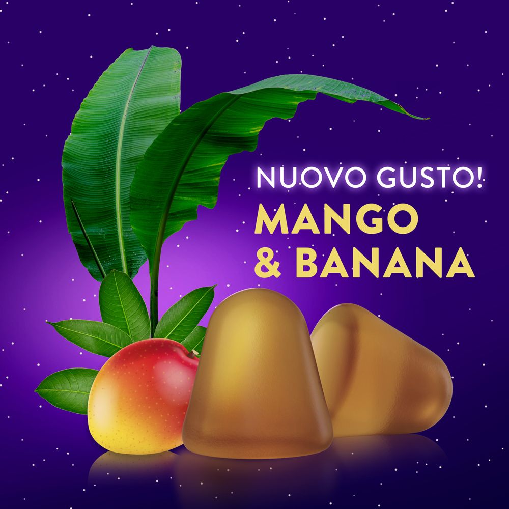 Mango, banana e caramelle gommose. Testo: Nuovo gusto! Mango e banana.
