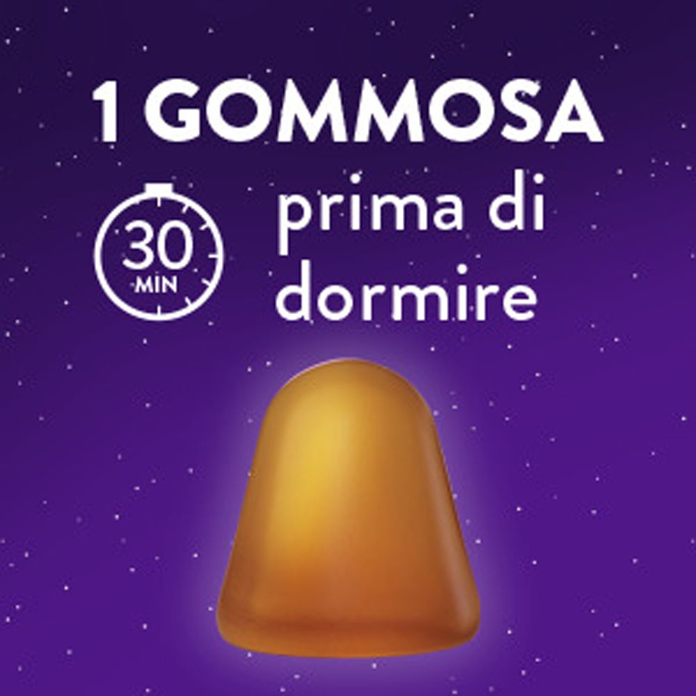 Caramella gommosa. Testo: 1 caramella gommosa prima di dormire. 30 minuti.