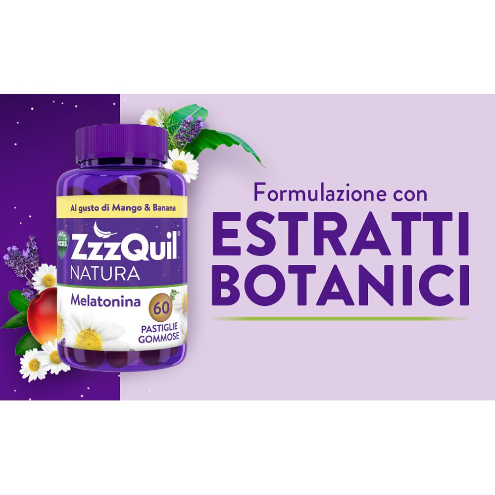 ZzzQuil Natura Flasche. Aufschrift: Melatonin, Mango & Banane. 60 Gummibärchen. Mit Kräuterextrakten.