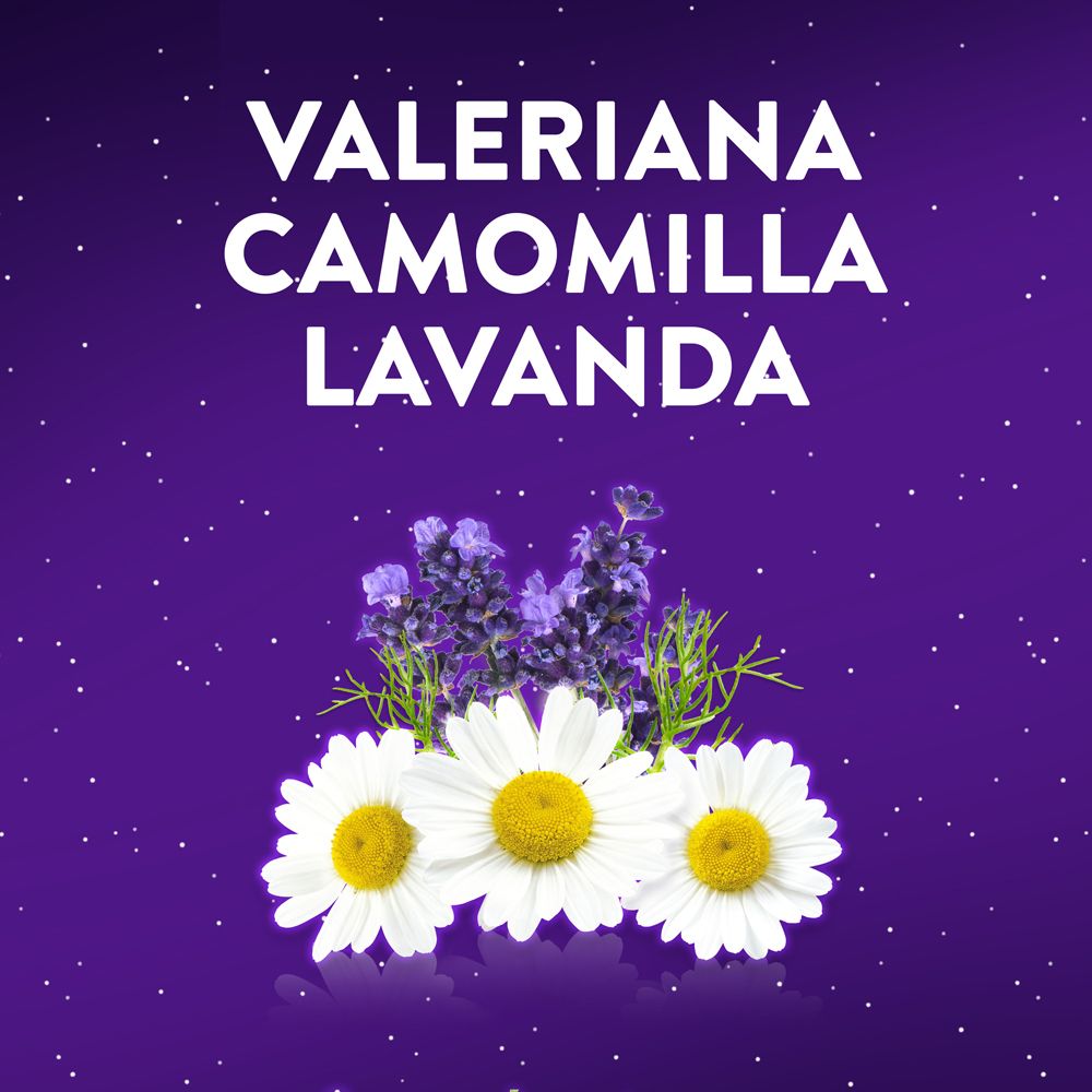 Aufschrift: Baldrian, Kamille, Lavendel. Abbildung von Kamille, Lavendel und Baldrian.