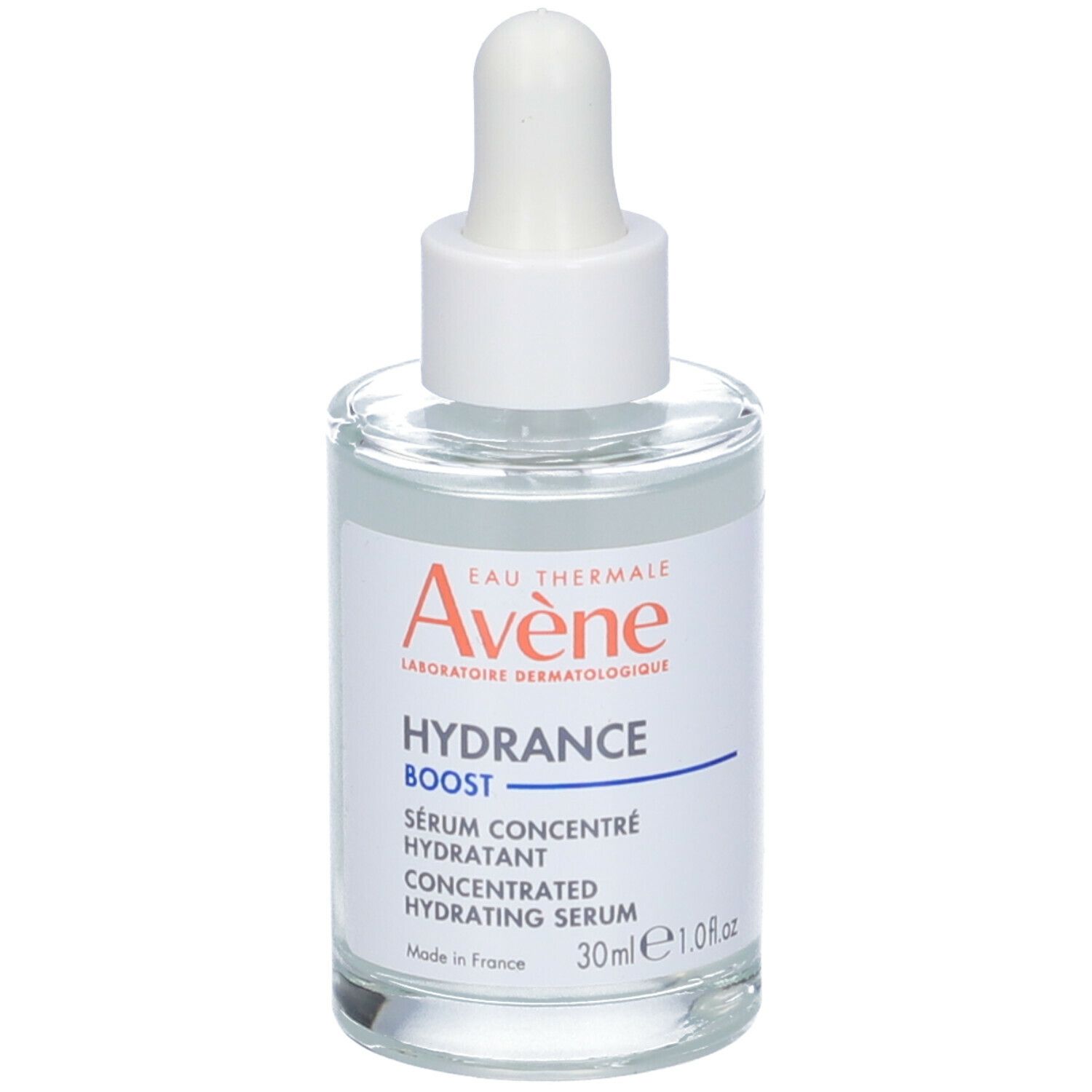 Flacone con contagocce bianco. Scritta: Avène, Hydrance Boost, Sérum Hydratant, 30ml.