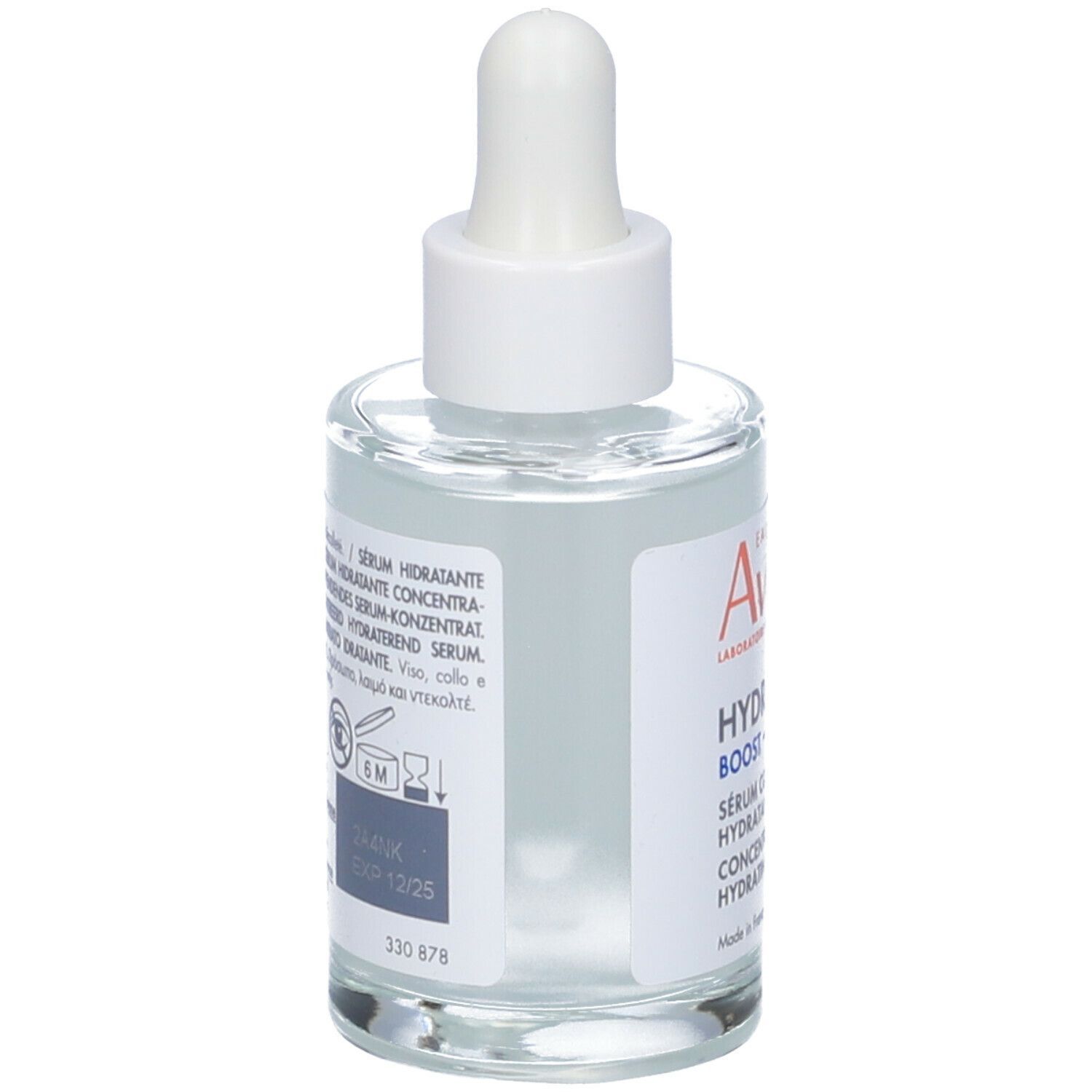 Retro del flacone. Testo: Avène, Hydrance Boost, Sérum Hydratant, 30ml. Per uso esterno.