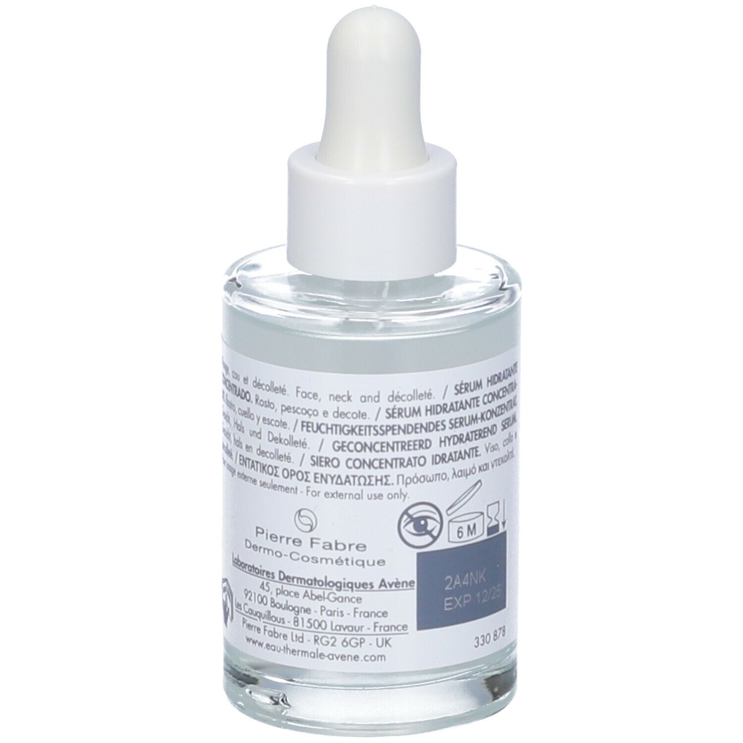 Retro del flacone. Testo: Avène, Hydrance Boost, Sérum Hydratant, 30ml. Per uso esterno.