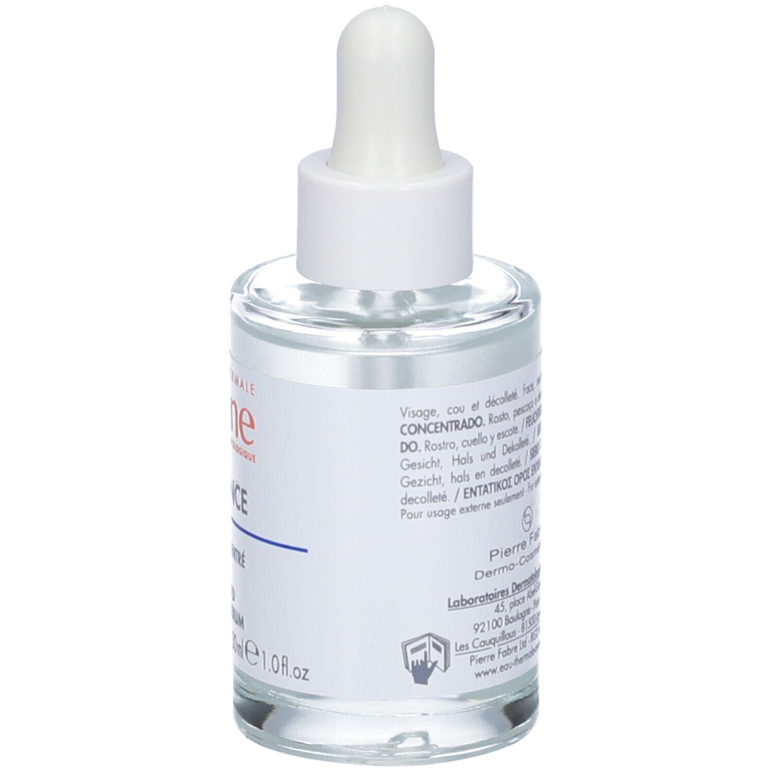 Flacone con contagocce bianco. Scritta: Avène, Hydrance Boost, Sérum Hydratant, 30ml.