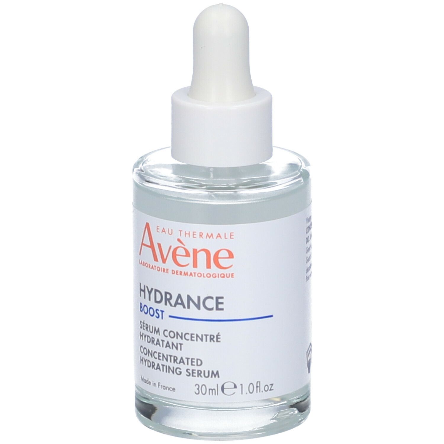 Flacone con contagocce bianco. Scritta: Avène, Hydrance Boost, Sérum Hydratant, 30ml.