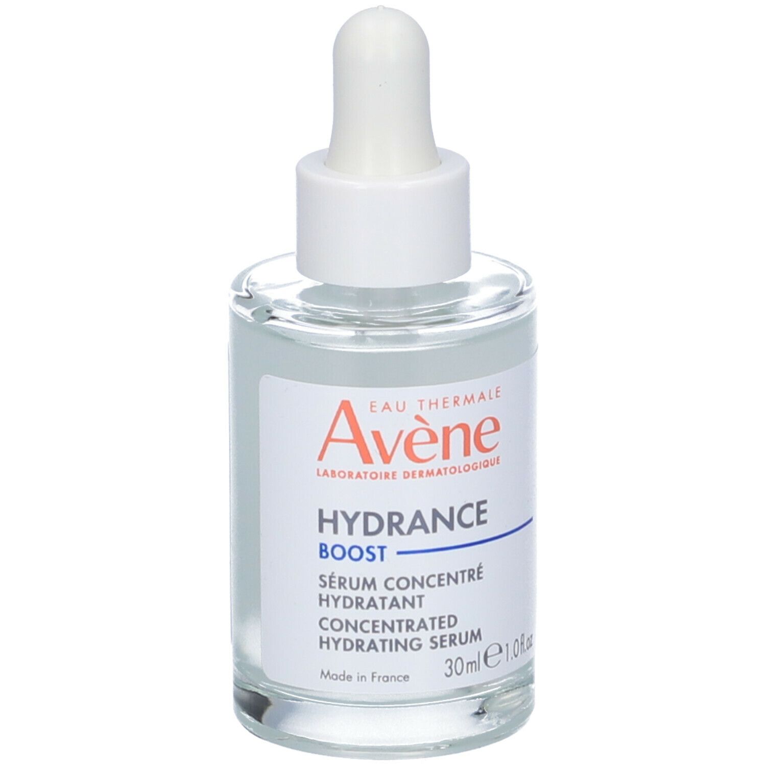 Flacone e confezione. Testo: Avène, Hydrance Boost, Sérum Hydratant, 30ml. Con acido ialuronico.