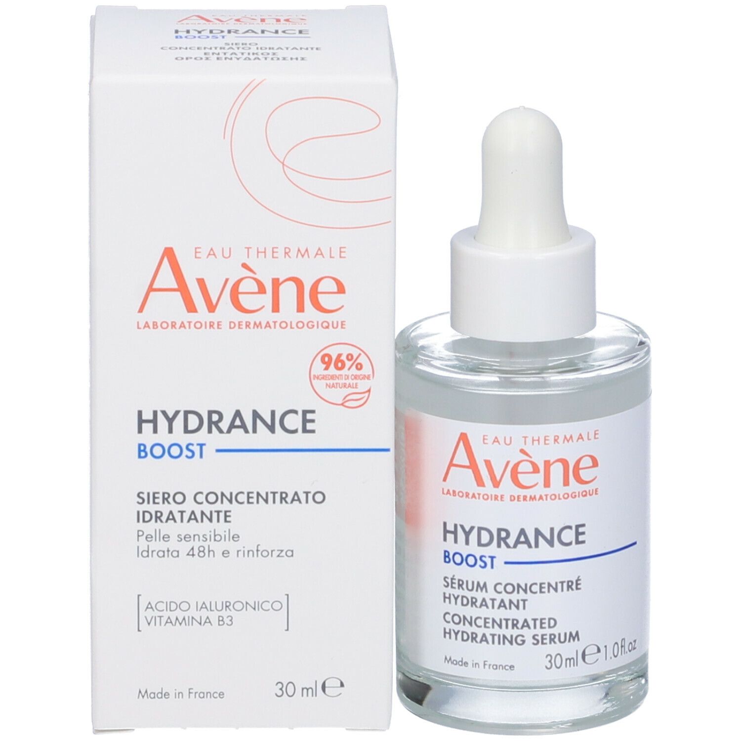 Confezione del prodotto. Testo: Avène, Hydrance Boost, Sérum Hydratant, 30ml. Con acido ialuronico e vitamina B3.