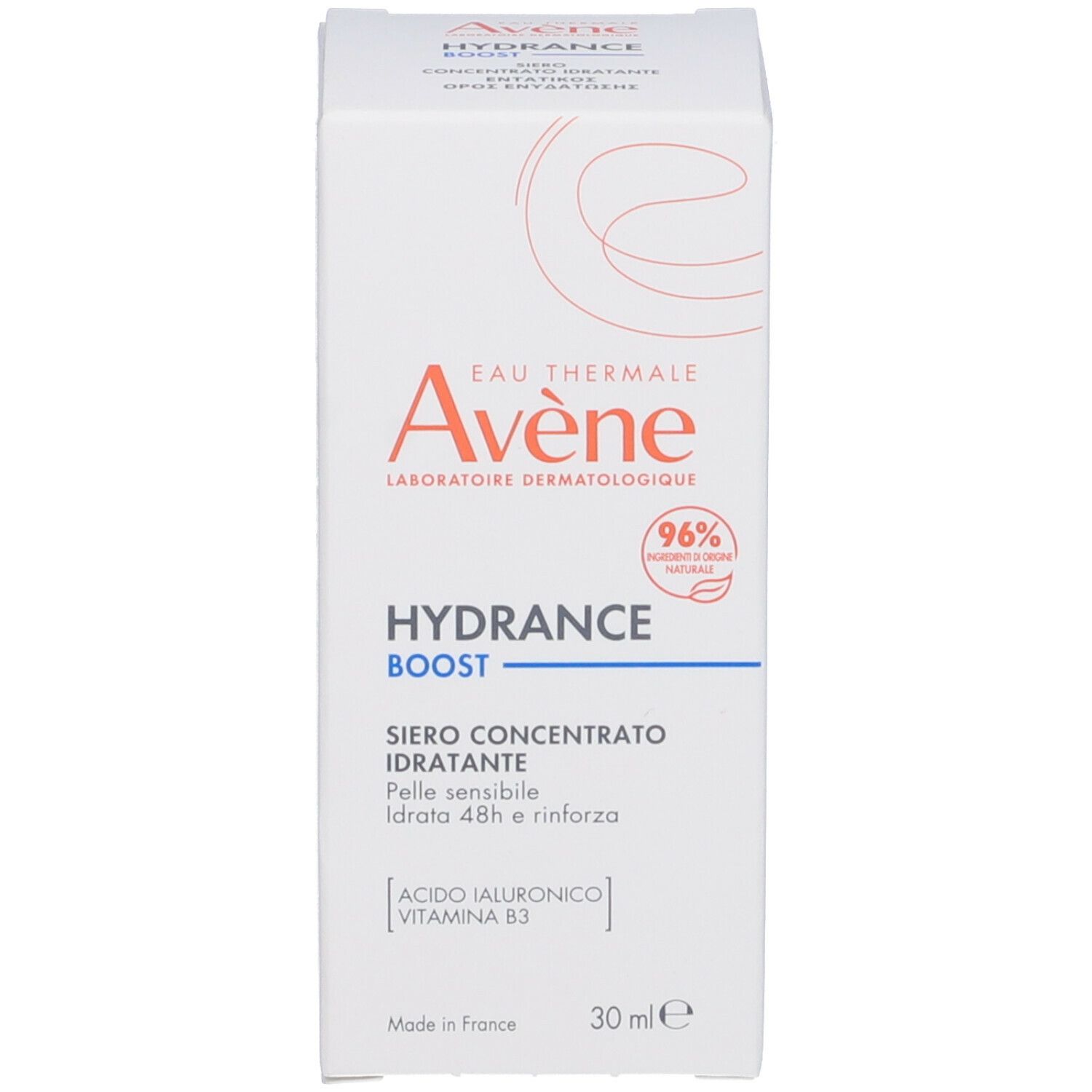 Flacone con contagocce bianco. Scritta: Avène, Hydrance Boost, Sérum Hydratant, 30ml.
