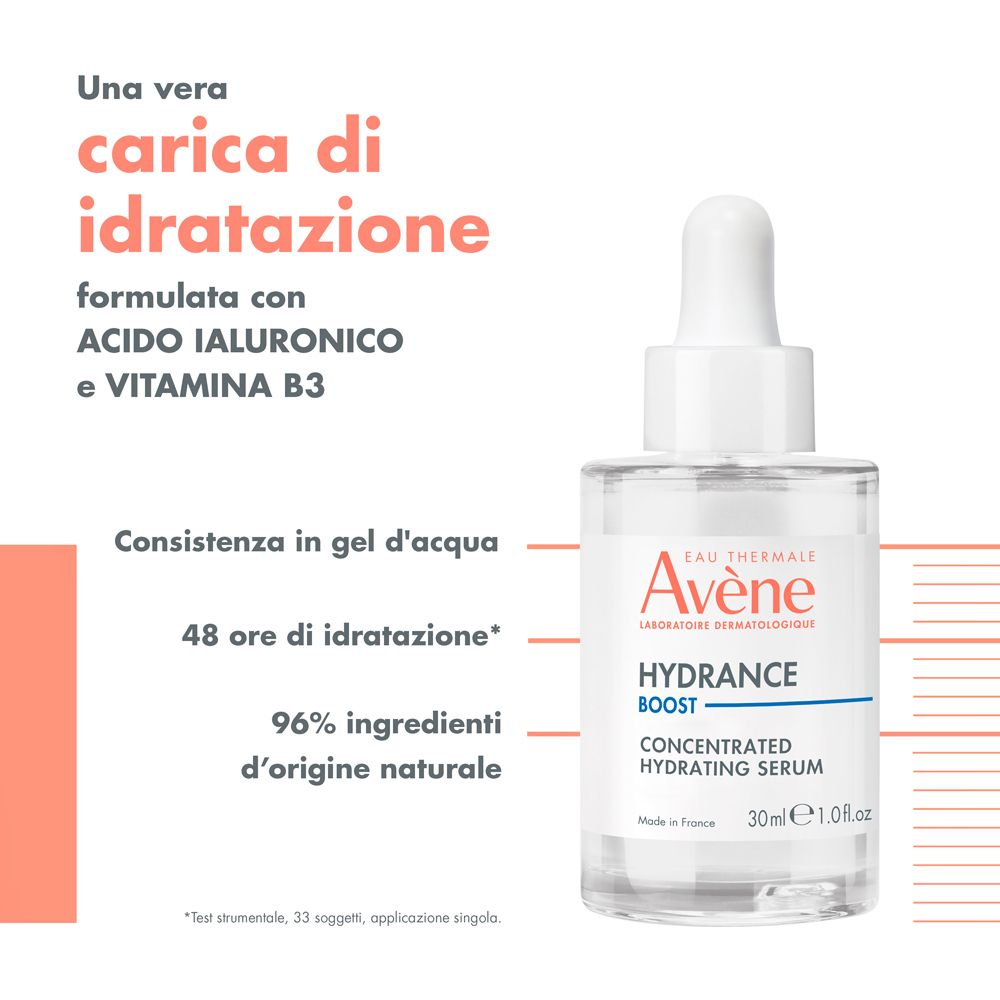 Flacone con testo. Testo: Avène, Hydrance Boost, Sérum Hydratant, 30ml. Contiene acido ialuronico e vitamina B3.