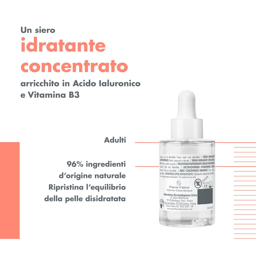 Flacone con testo. Testo: Avène, Hydrance Boost, Sérum Hydratant, 30ml. Per adulti. 96% ingredienti naturali.