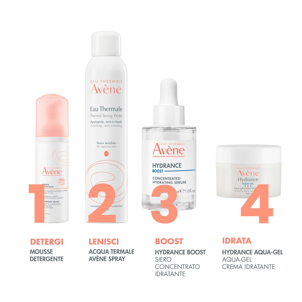 Quattro prodotti affiancati. Prodotti Avène: mousse detergente, spray acqua termale, siero Hydrance Boost, aqua-gel.