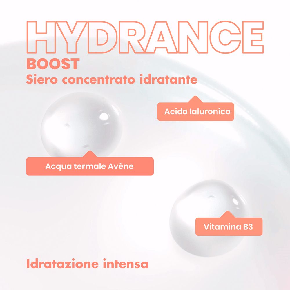 Flacone con testo. Testo: Hydrance Boost, Sérum Hydratant. Con acqua termale, acido ialuronico e vitamina B3.
