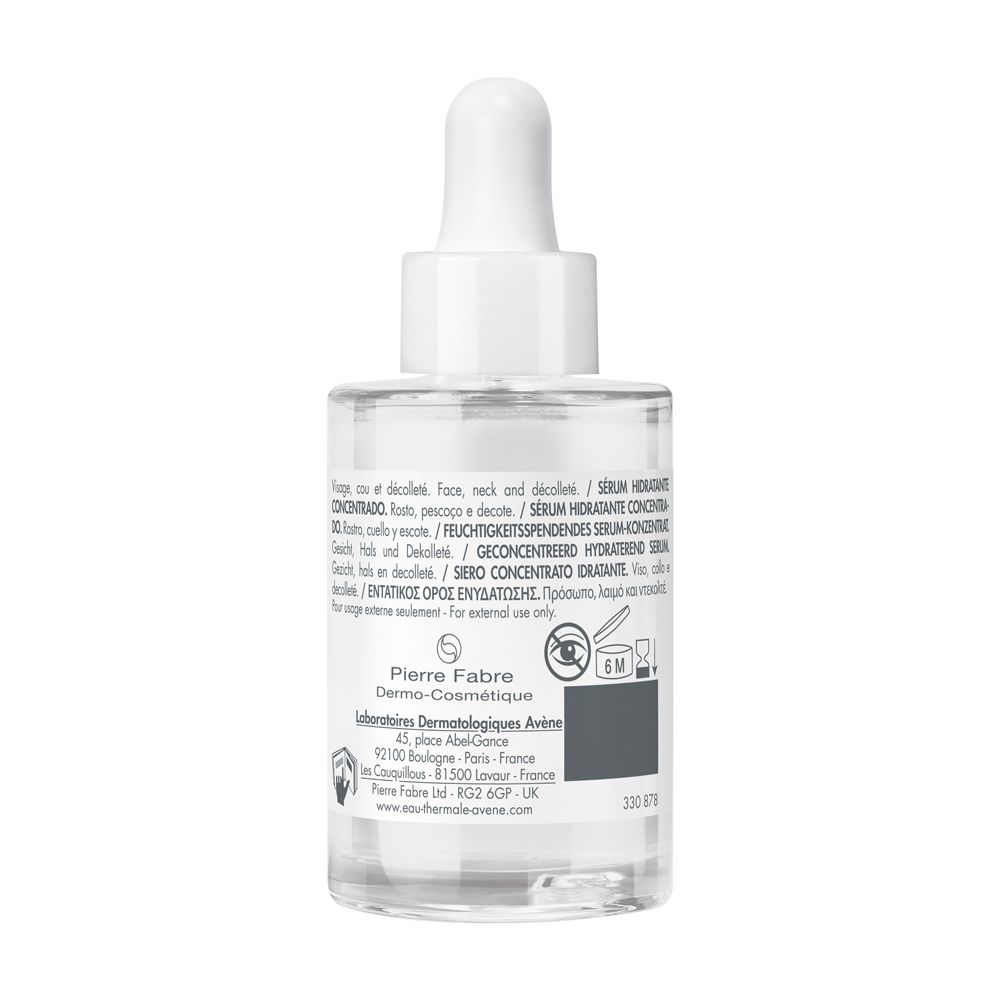 Retro del flacone. Testo: Avène, Hydrance Boost, Sérum Hydratant. Per uso esterno.