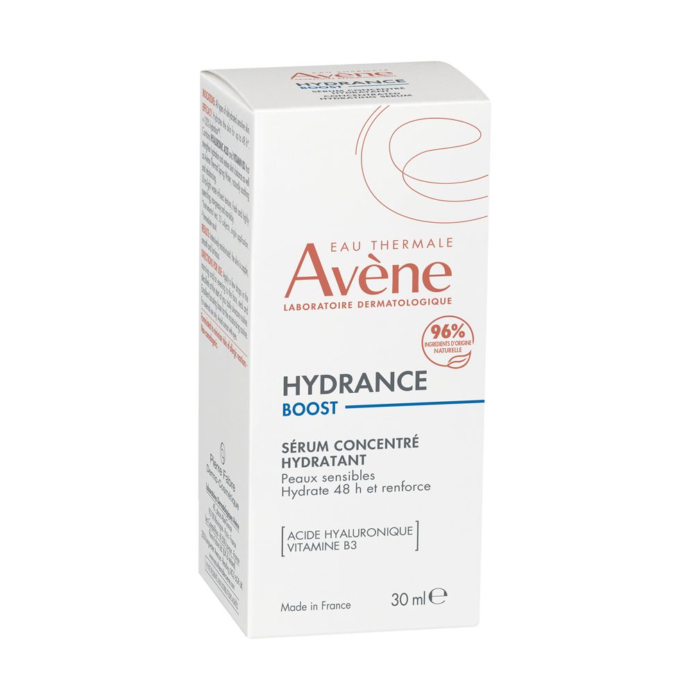 Confezione del prodotto. Testo: Avène, Hydrance Boost, Sérum Hydratant, 30ml. Con acido ialuronico e vitamina B3.