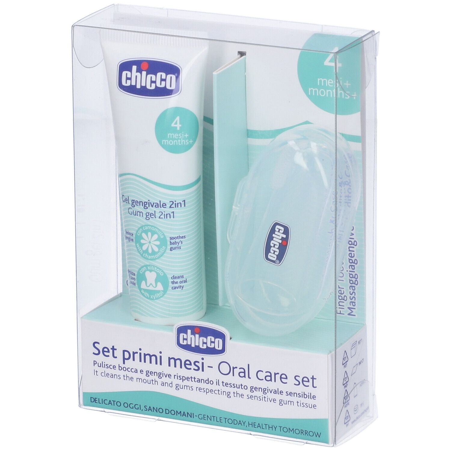 Set per l'igiene orale in confezione trasparente. Contiene gel e spazzolino da dito con custodia. Marchio: Chicco.
