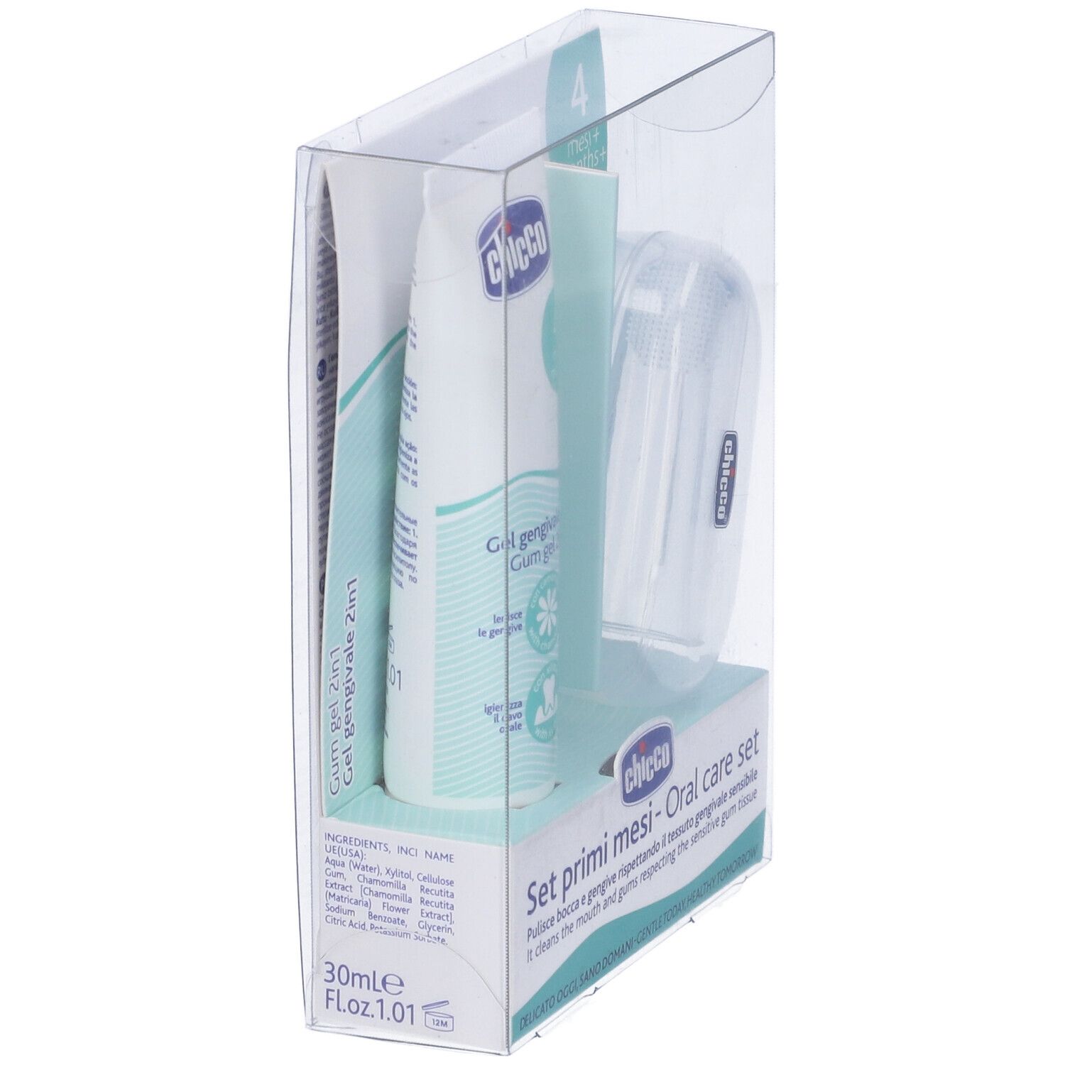 Set per l'igiene orale in confezione trasparente. Contiene gel, spazzolino da dito e custodia. Marchio: Chicco.