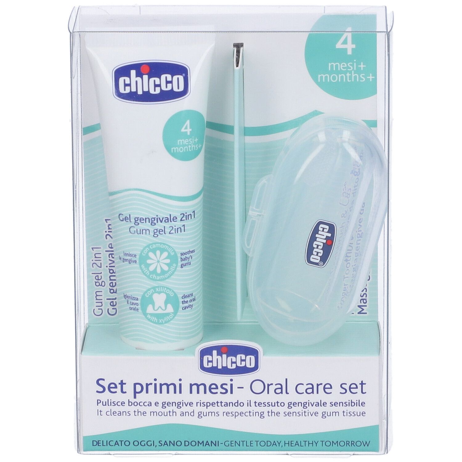Set per l'igiene orale in confezione trasparente. Contiene gel, spazzolino da dito e custodia. Marchio: Chicco.