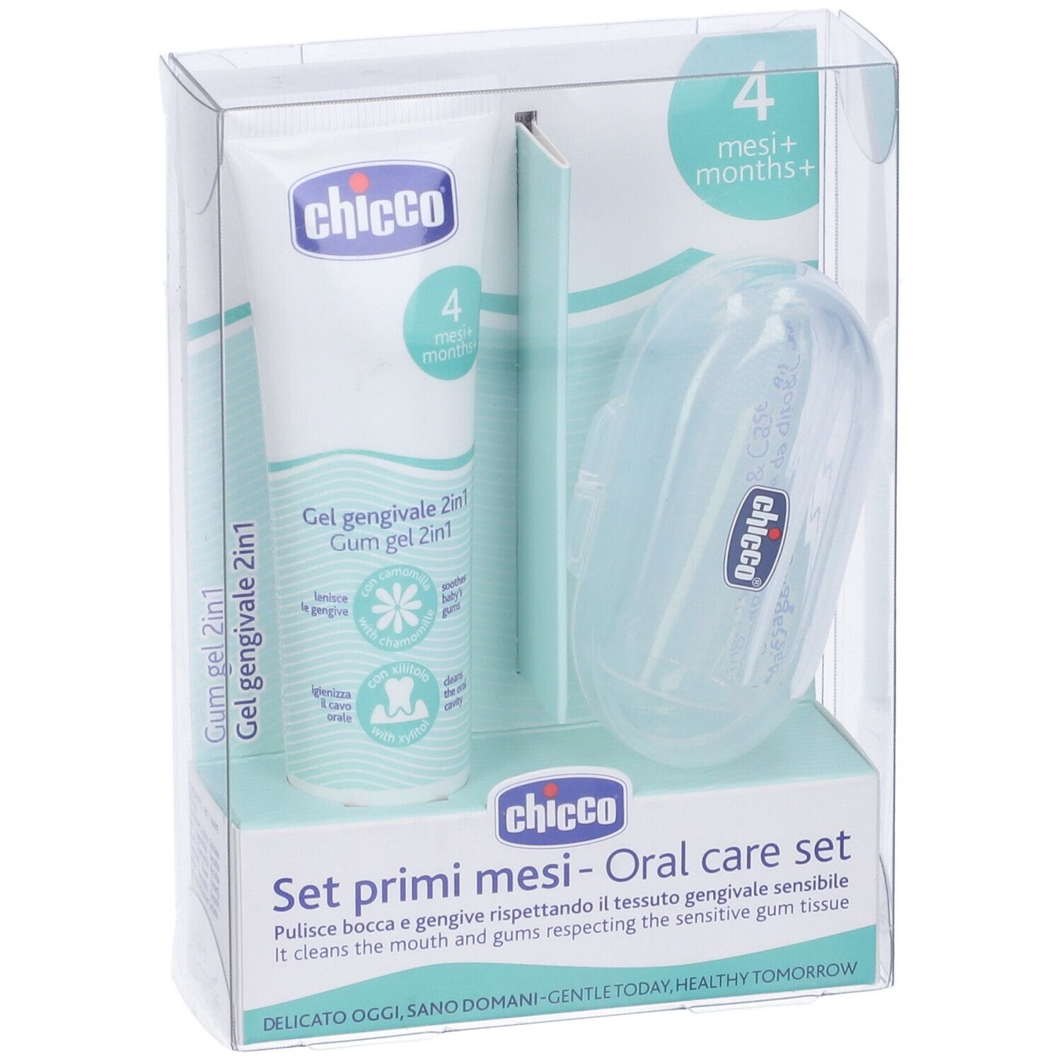 Set per l'igiene orale in confezione trasparente. Contiene gel, spazzolino da dito e custodia. Marchio: Chicco.