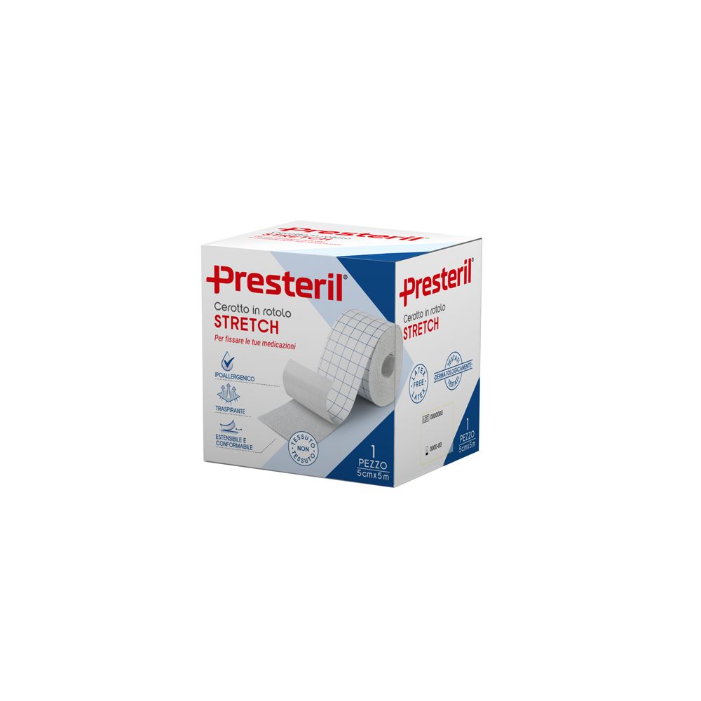 PRESTERIL Stretch-Rolle, 5 cm x 5 m, in weißer Verpackung. Produkt und Rolle teilweise sichtbar. Text: Cerotto in rotolo STRETCH.