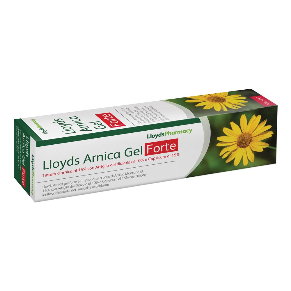 Confezione di Lloyds Arnica Gel Forte. Design verde e bianco con fiori gialli. Testo multilingue.