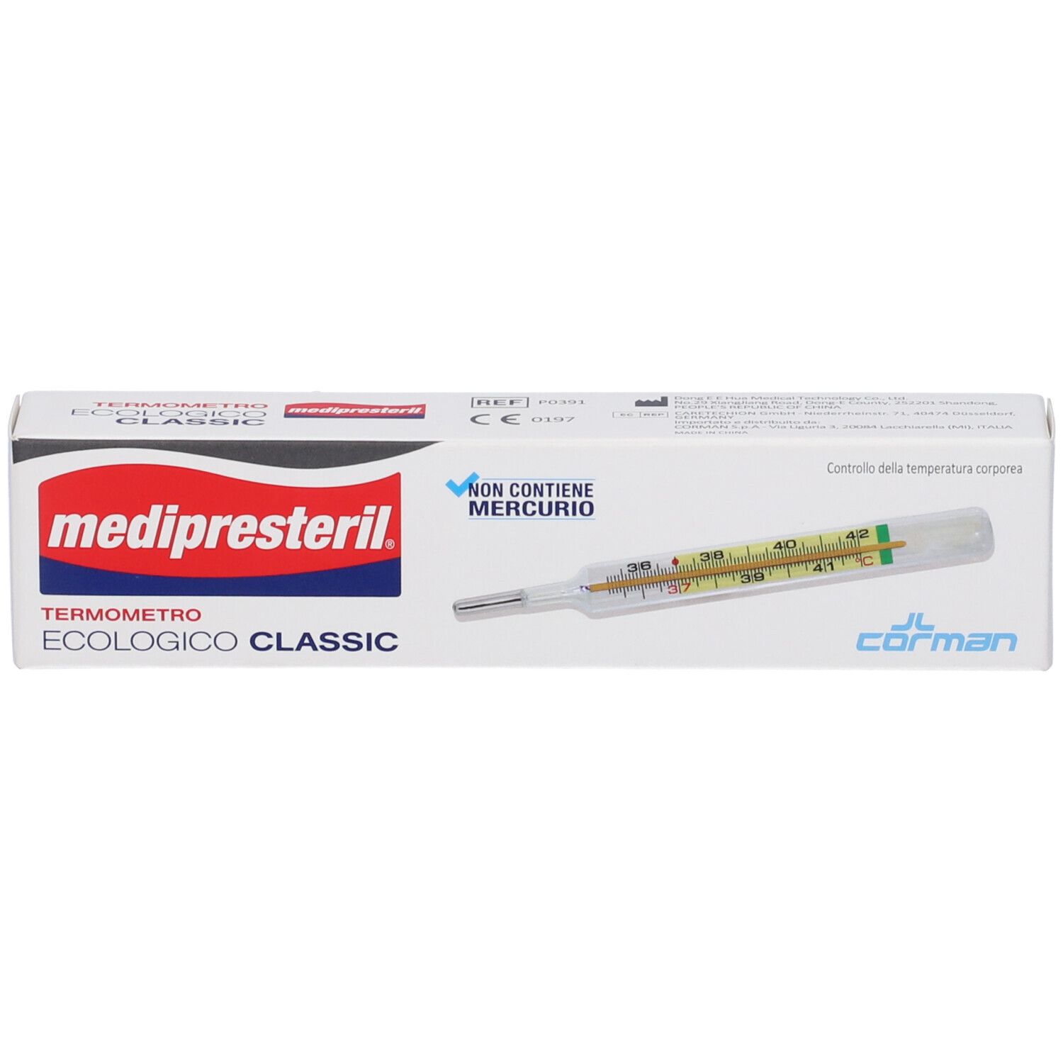 Verpackung von Medipresteril Termometro Ecologico Classic. Thermometer sichtbar. Text: Non contiene mercurio.