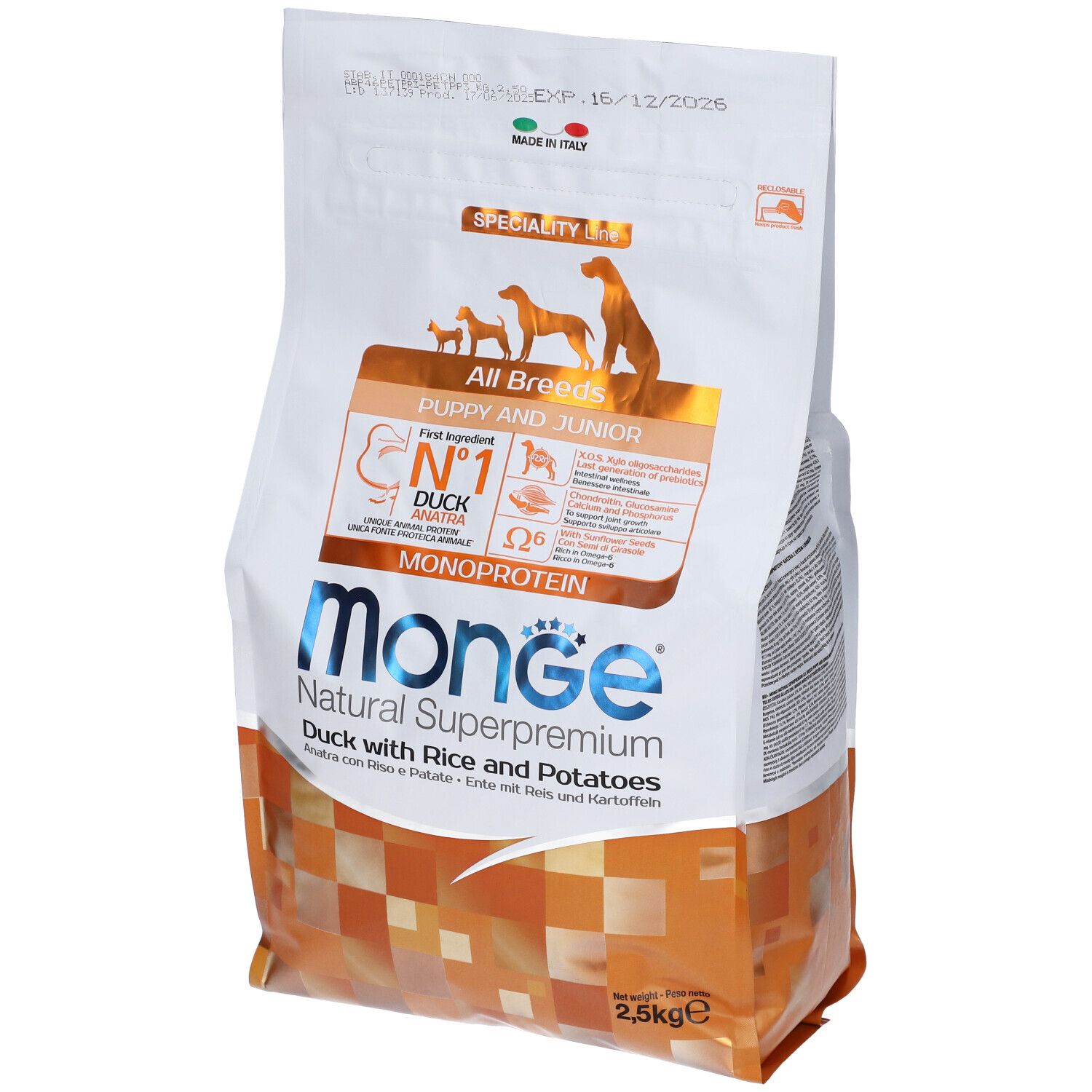 Monge All Breeds Puppy & Junior Anatra Con Riso E Patate 2,5 Kg