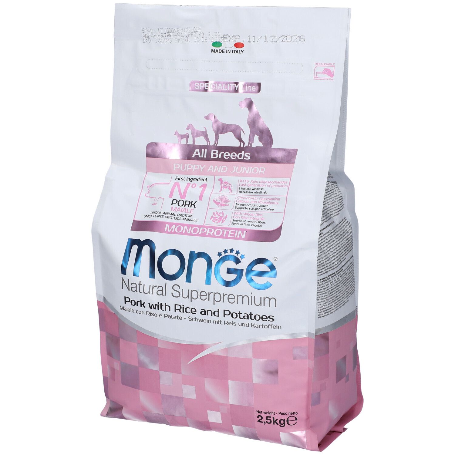 Sacchetto di cibo per cani Monge, "All Breeds Puppy & Junior", maiale, riso e patate. 2,5 kg.