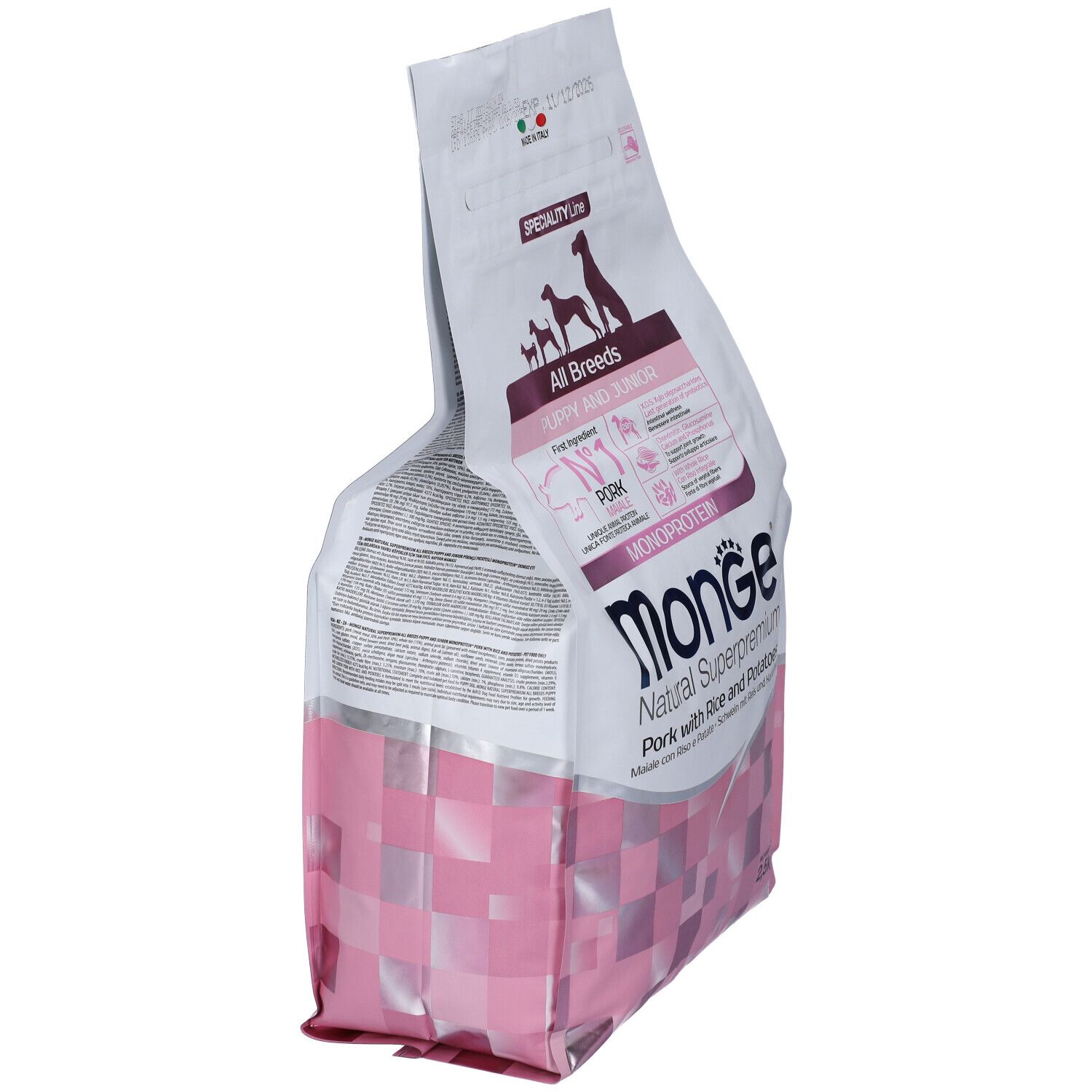 Sacchetto di cibo per cani Monge, "All Breeds Puppy & Junior", in diagonale. Design rosa e bianco, testo sulla confezione.