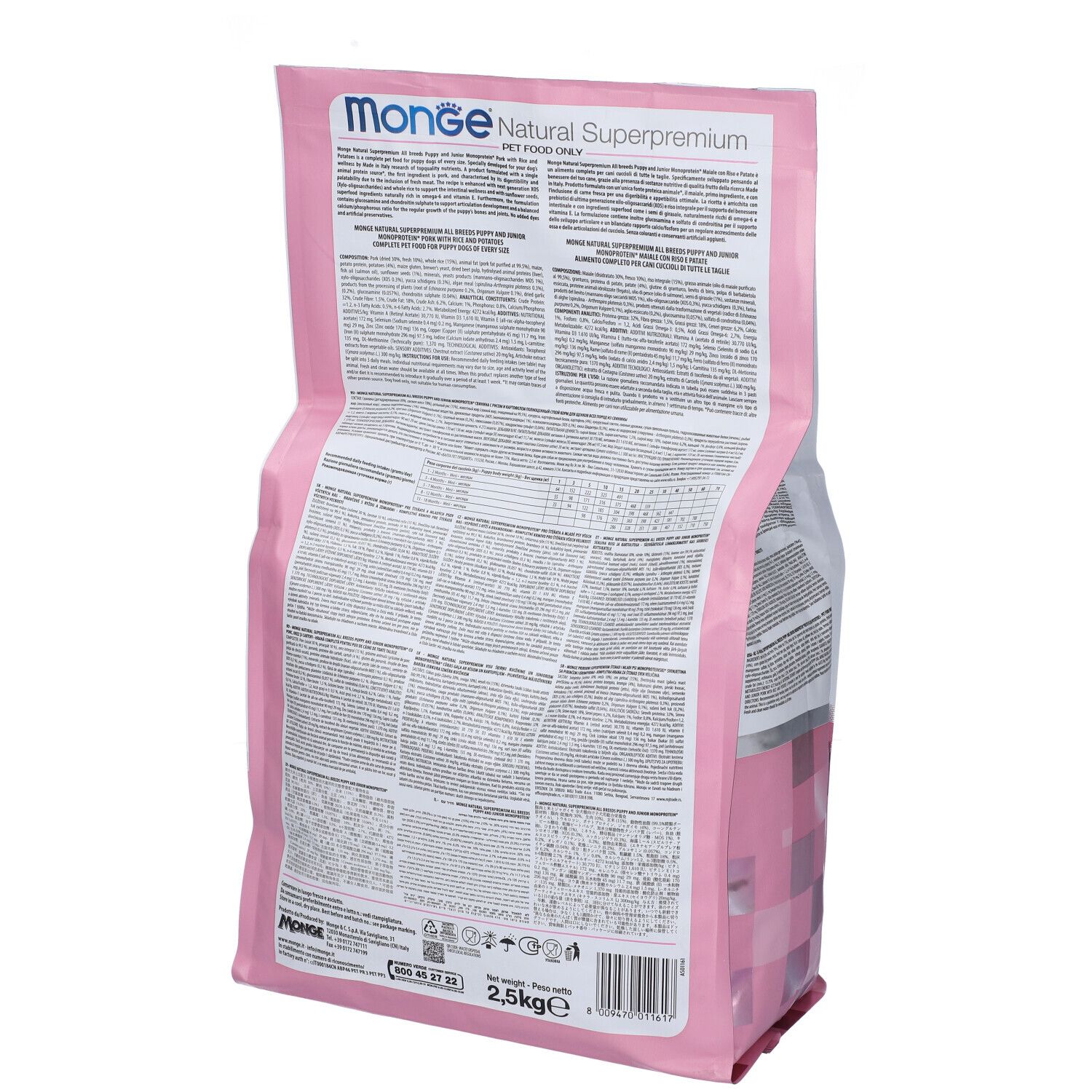 Retro del sacchetto di cibo per cani Monge. Informazioni testuali, informazioni nutrizionali e dettagli del produttore su sfondo rosa.
