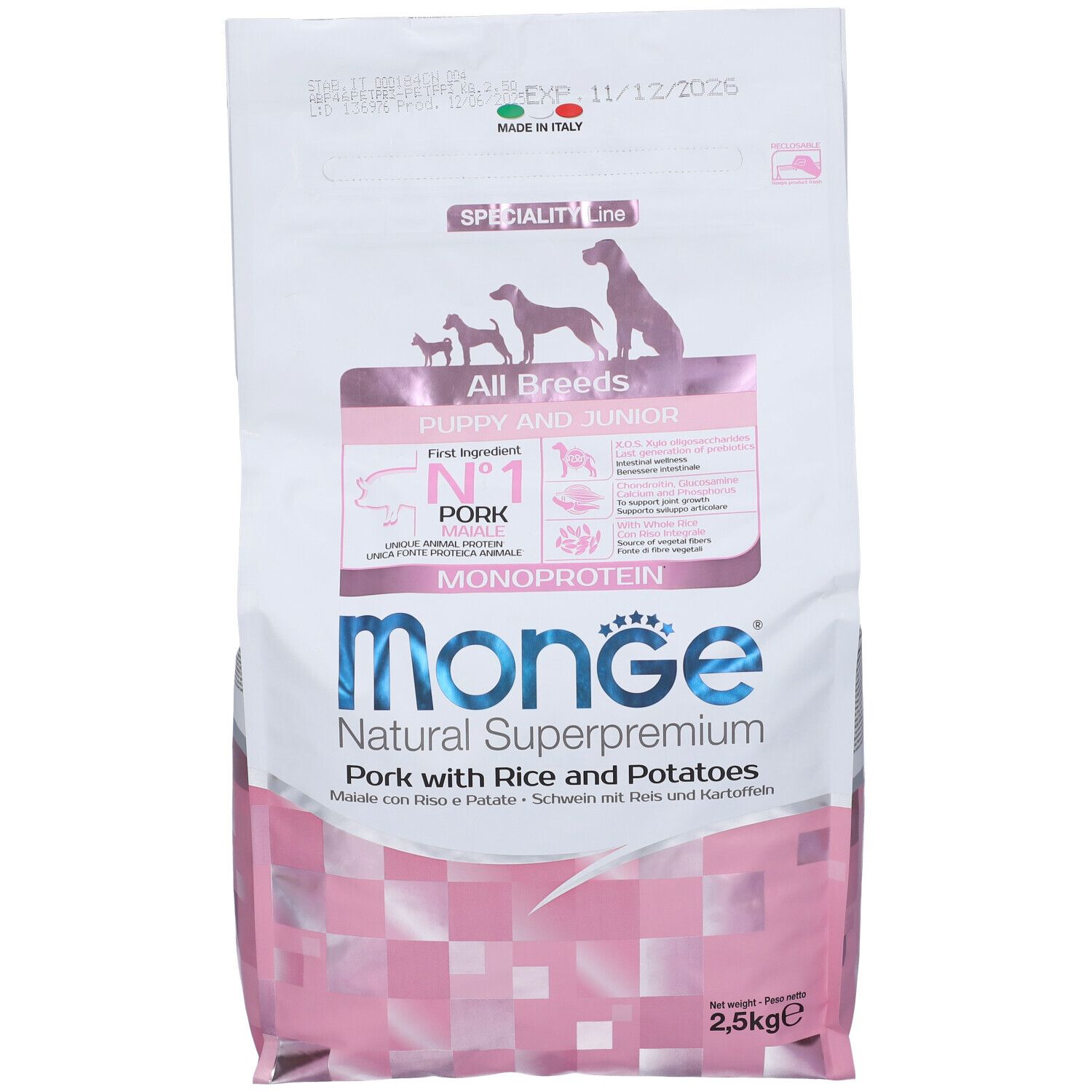 Sacchetto di cibo per cani Monge, "All Breeds Puppy & Junior", maiale, riso e patate. Design rosa e bianco.