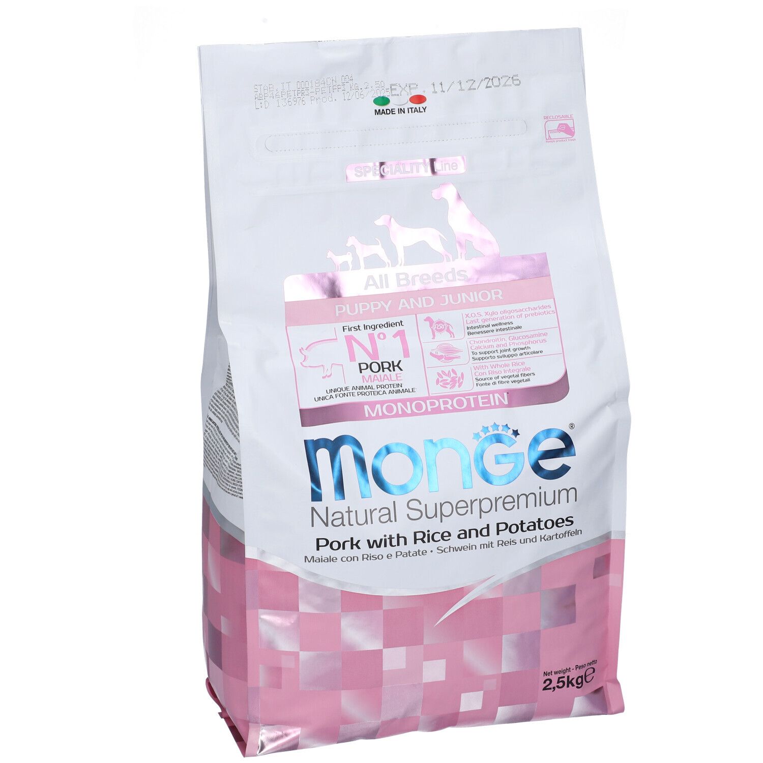 Sacchetto di cibo per cani Monge, "All Breeds Puppy & Junior", maiale, riso e patate. Design rosa e bianco.