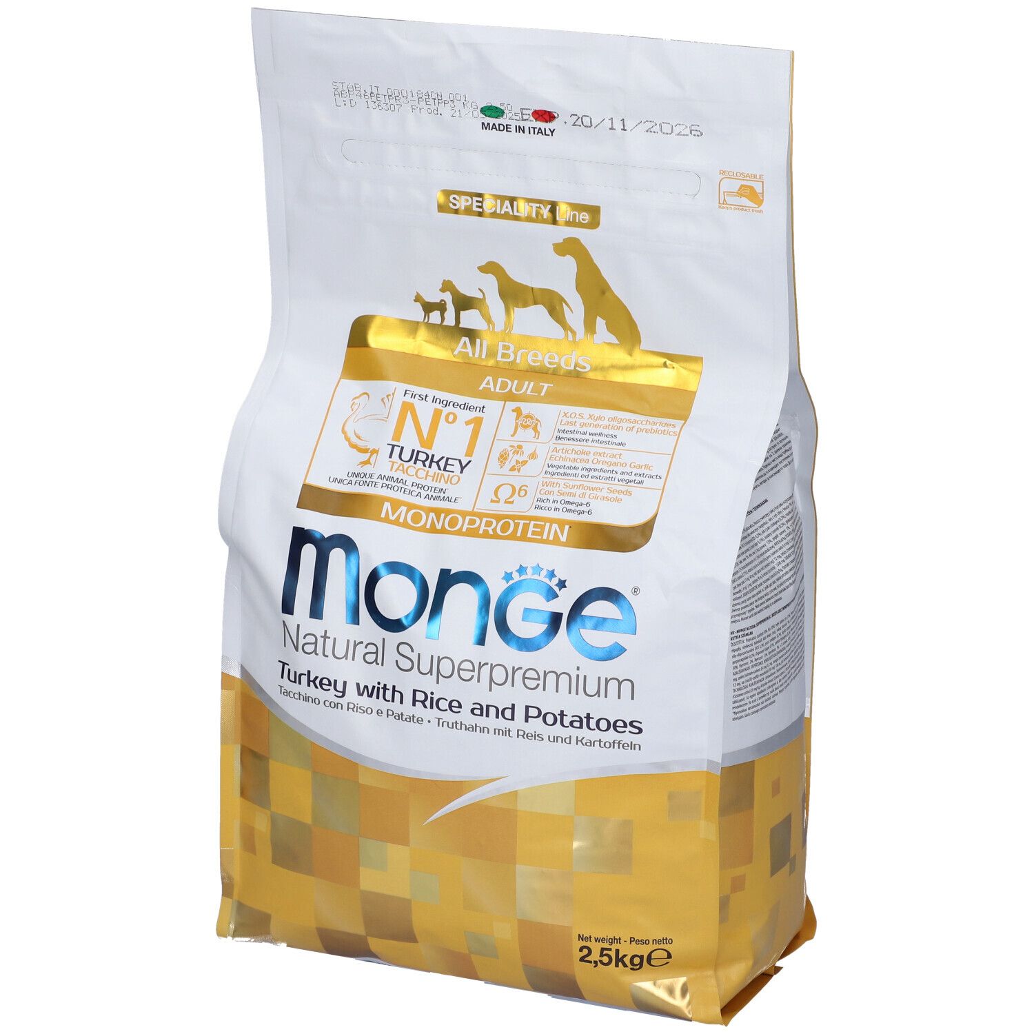 Monge Natural Superpremium All Breeds Adult Monoprotein Tacchino Riso E Patate 2,5 Kg