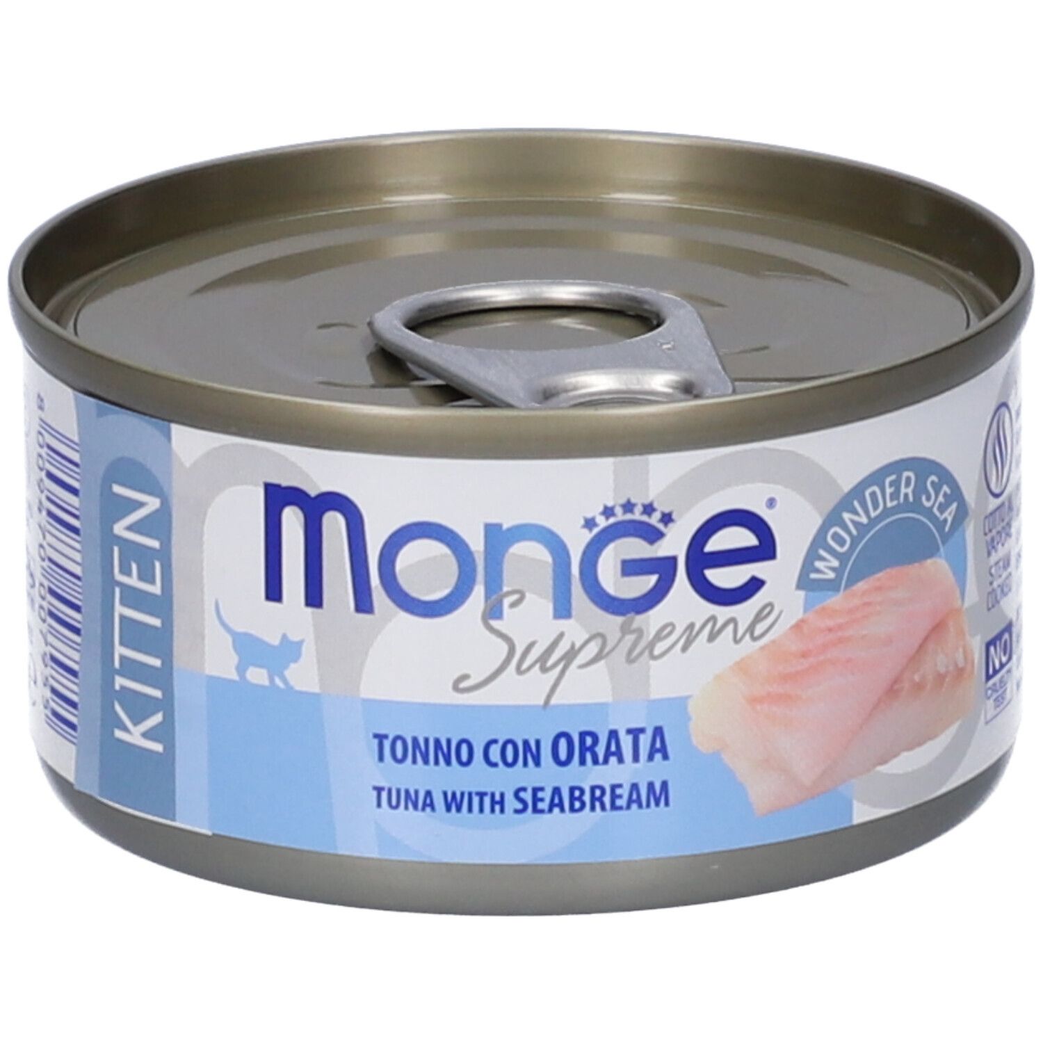 Lattina di cibo per gatti "Monge Supreme". Contiene tonno e orata. Lattina con linguetta, pezzi di pesce visibili.