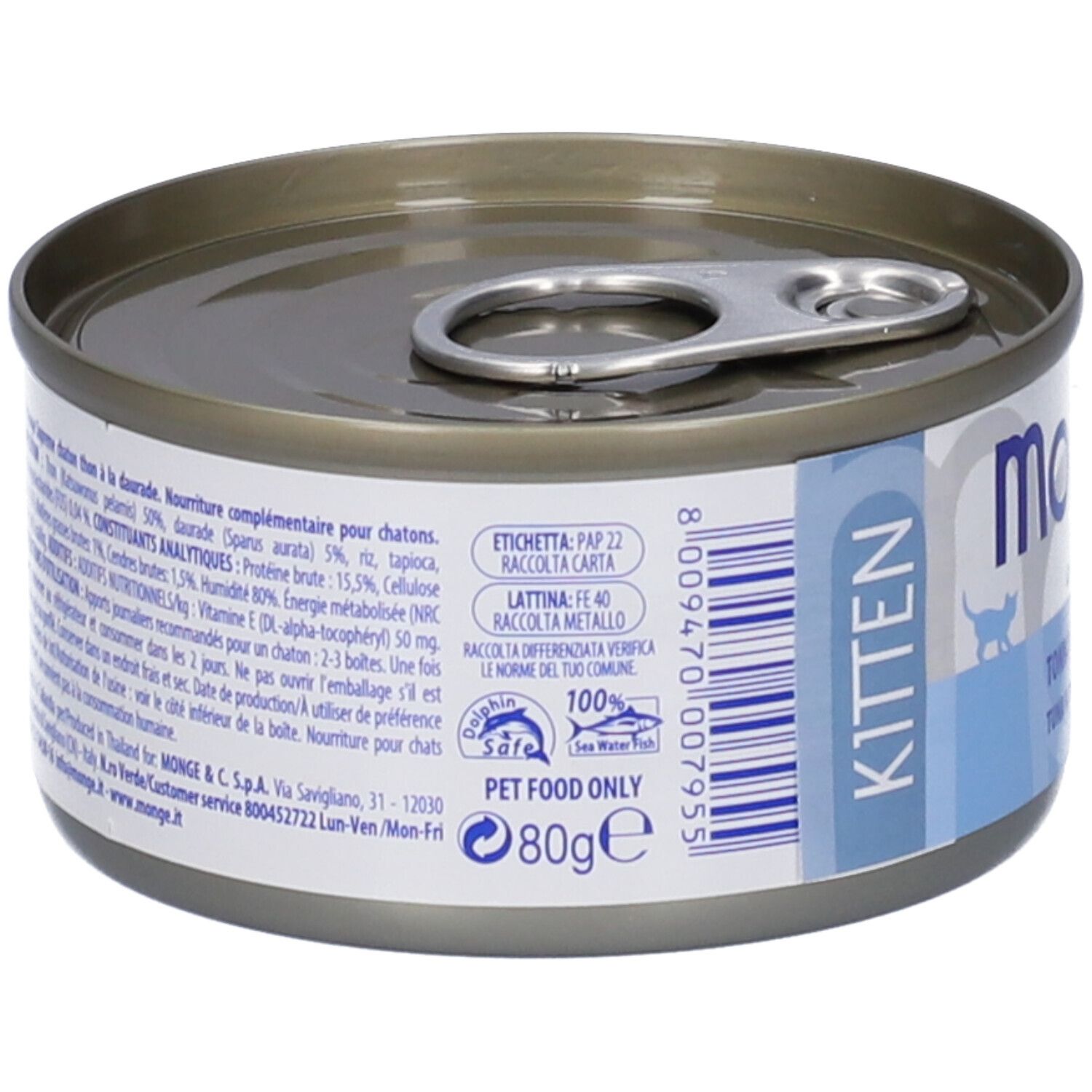 Retro della lattina di cibo per gatti. Informazioni su ingredienti, valori nutrizionali e produttore. "Pet Food Only" e 80g.