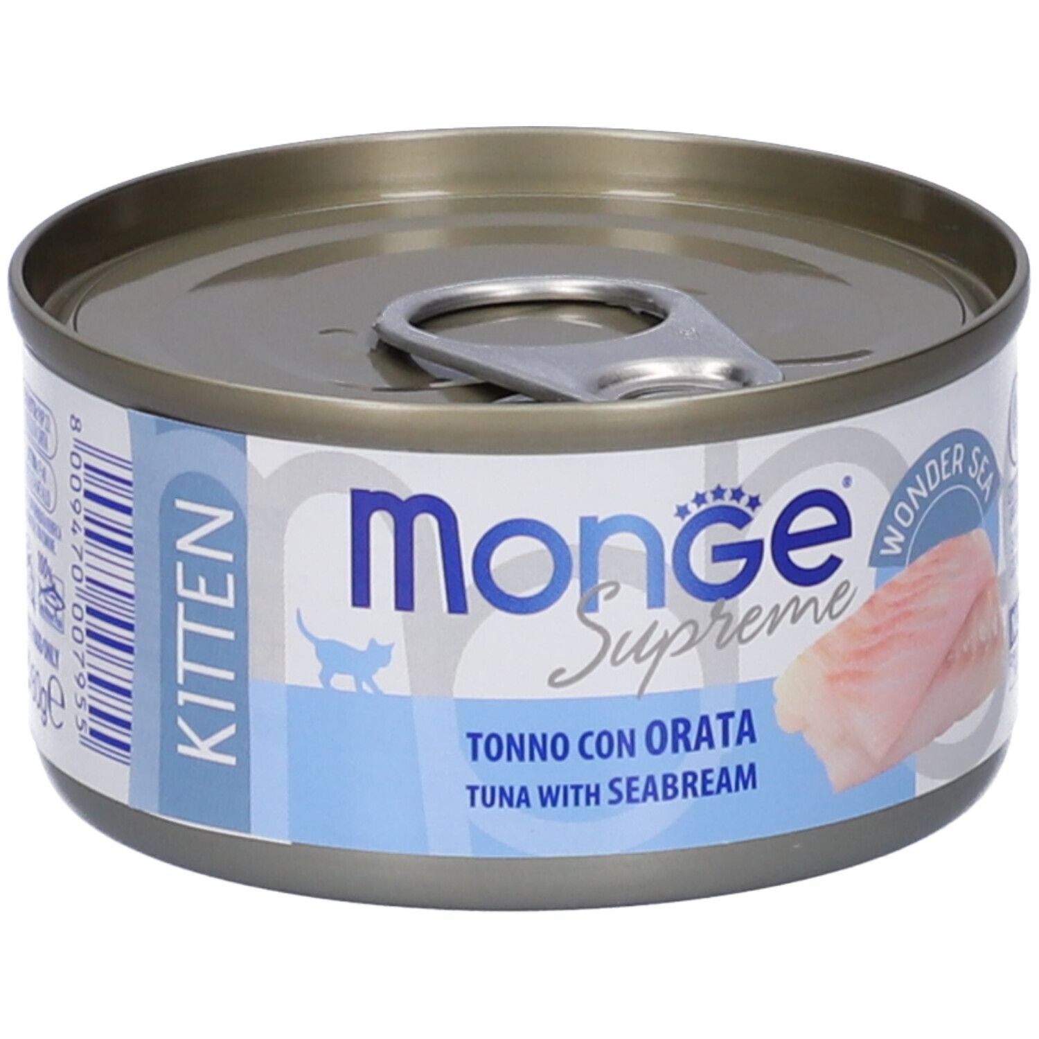 Lattina di cibo per gatti "Monge Supreme". Contiene tonno e orata. Lattina con linguetta, pezzi di pesce visibili.