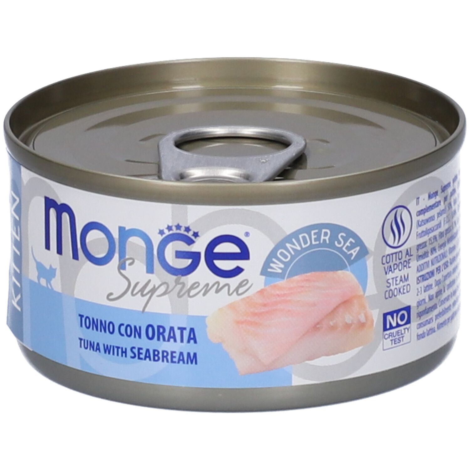 Lattina "Monge Supreme". Tonno e orata. Lattina con linguetta, pezzi di pesce. "Cotto al vapore" e "No cruelty test".