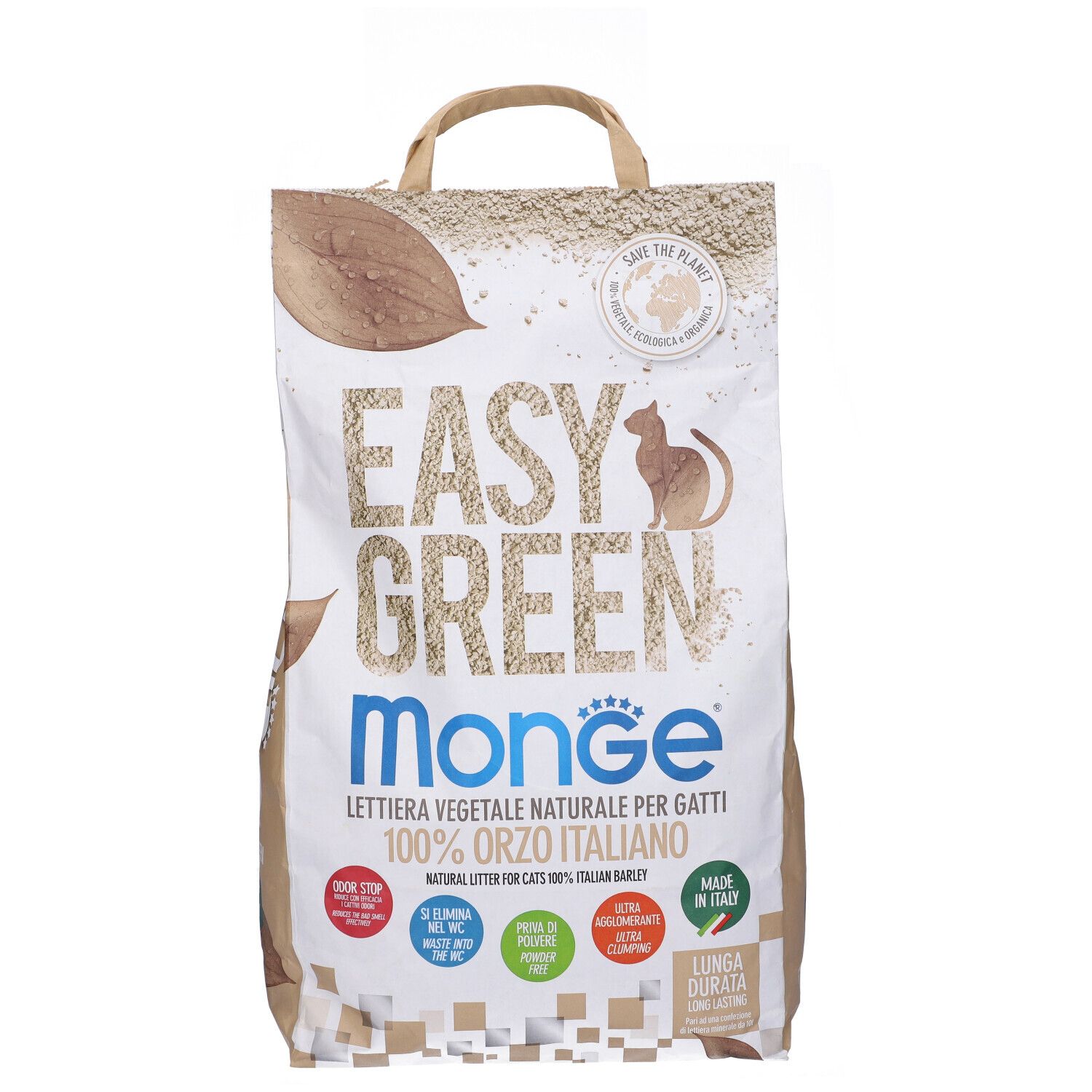Sacco di lettiera per gatti Easy Green Monge, 100% Orzo Italiano. Maniglia per il trasporto. Confezione marrone e bianca.