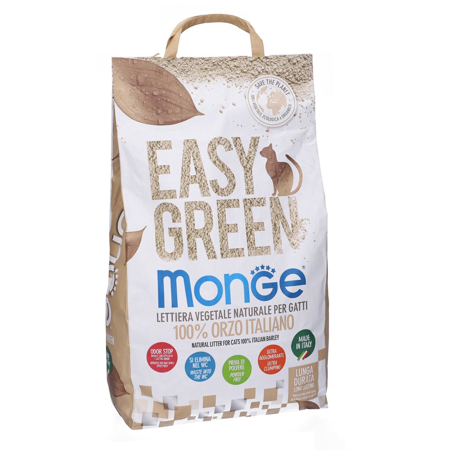 Sacco di lettiera per gatti Easy Green Monge, 100% Orzo Italiano. Maniglia per il trasporto. Confezione marrone e bianca.
