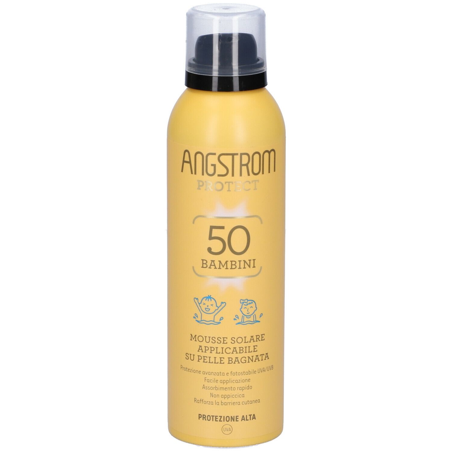 Gelbe Flasche mit schwarzem Pumpkopf. Aufschrift: Angstrom Protect 50 Bambini. Mousse Solaire. Schutzfaktor 50.