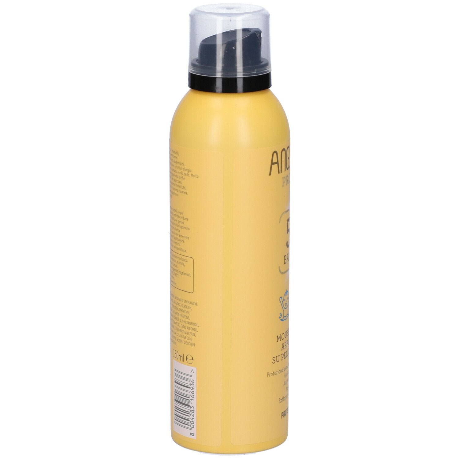 Gelbe Flasche mit schwarzem Pumpkopf. Aufschrift: Angstrom Protect 50 Bambini. Mousse Solaire. Schutzfaktor 50.
