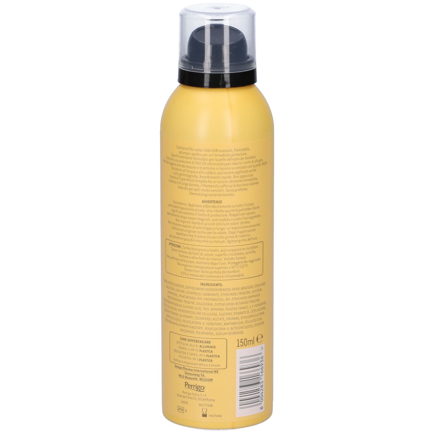 Gelbe Flasche mit schwarzem Pumpkopf. Aufschrift: Angstrom Protect 50 Bambini. Mousse Solaire. Schutzfaktor 50.