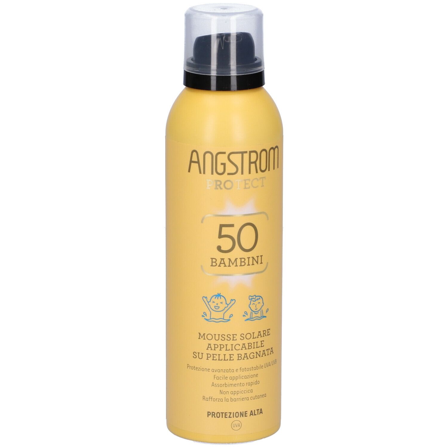 Gelbe Flasche mit schwarzem Pumpkopf. Aufschrift: Angstrom Protect 50 Bambini. Mousse Solaire. Schutzfaktor 50.