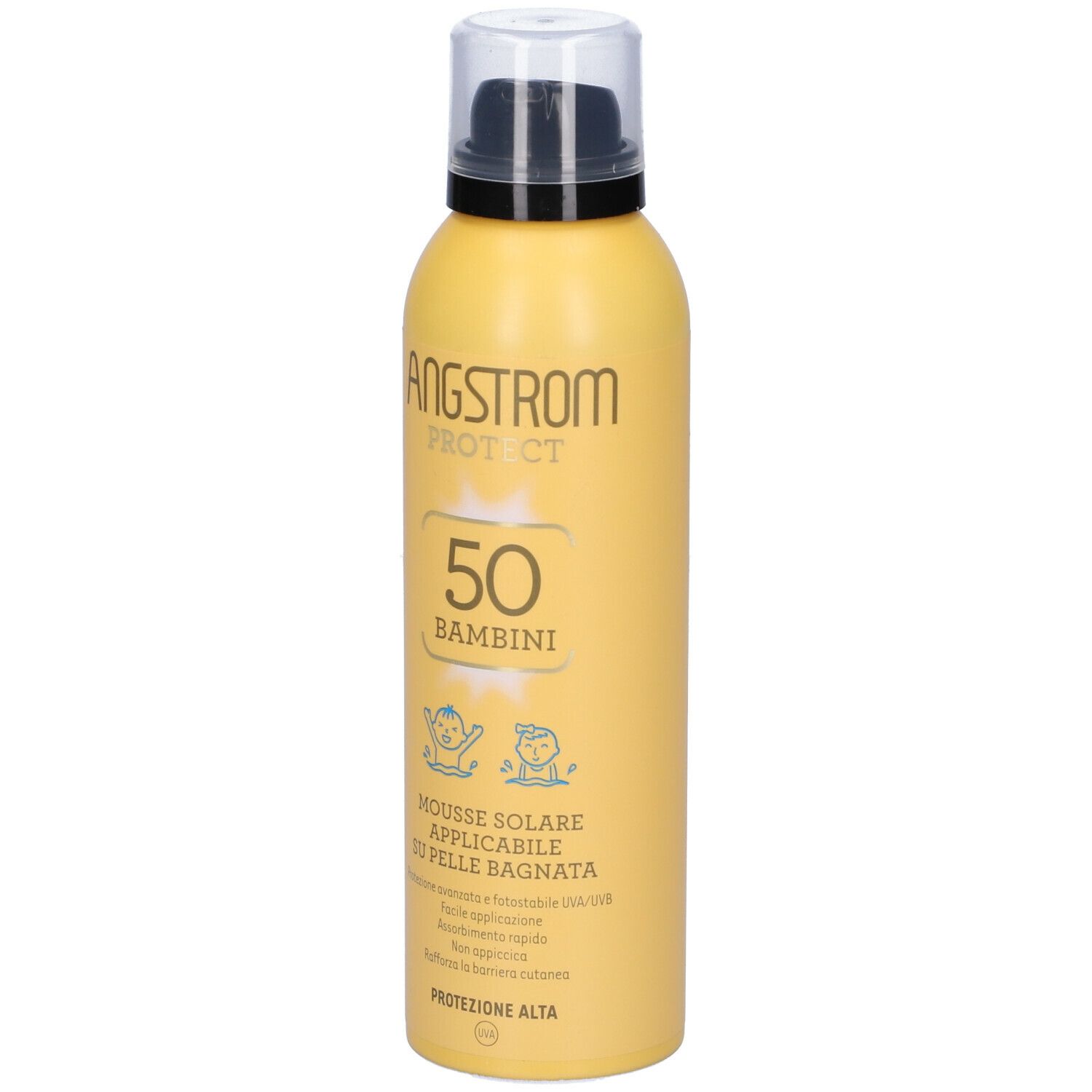 Gelbe Flasche mit schwarzem Pumpkopf. Aufschrift: Angstrom Protect 50 Bambini. Mousse Solaire. Schutzfaktor 50.