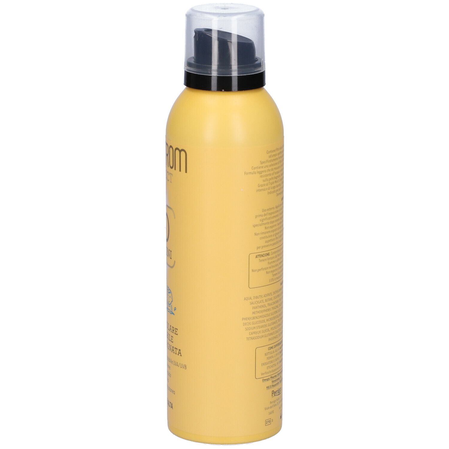 Gelbe Flasche mit schwarzem Pumpkopf. Aufschrift: Angstrom Protect 50 Bambini. Mousse Solaire. Schutzfaktor 50.