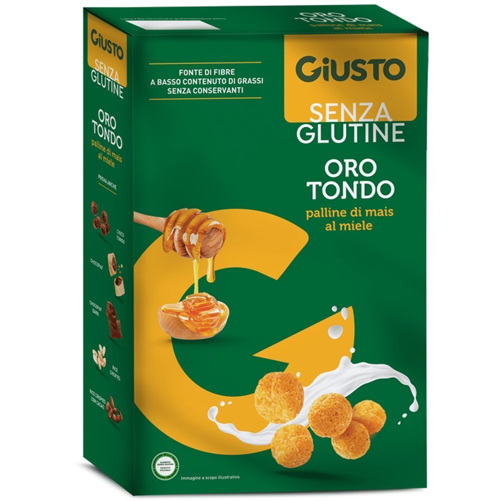 Scatola verde con nome prodotto Giusto Senza Glutine Oro Tondo. Immagine di palline di mais al miele.