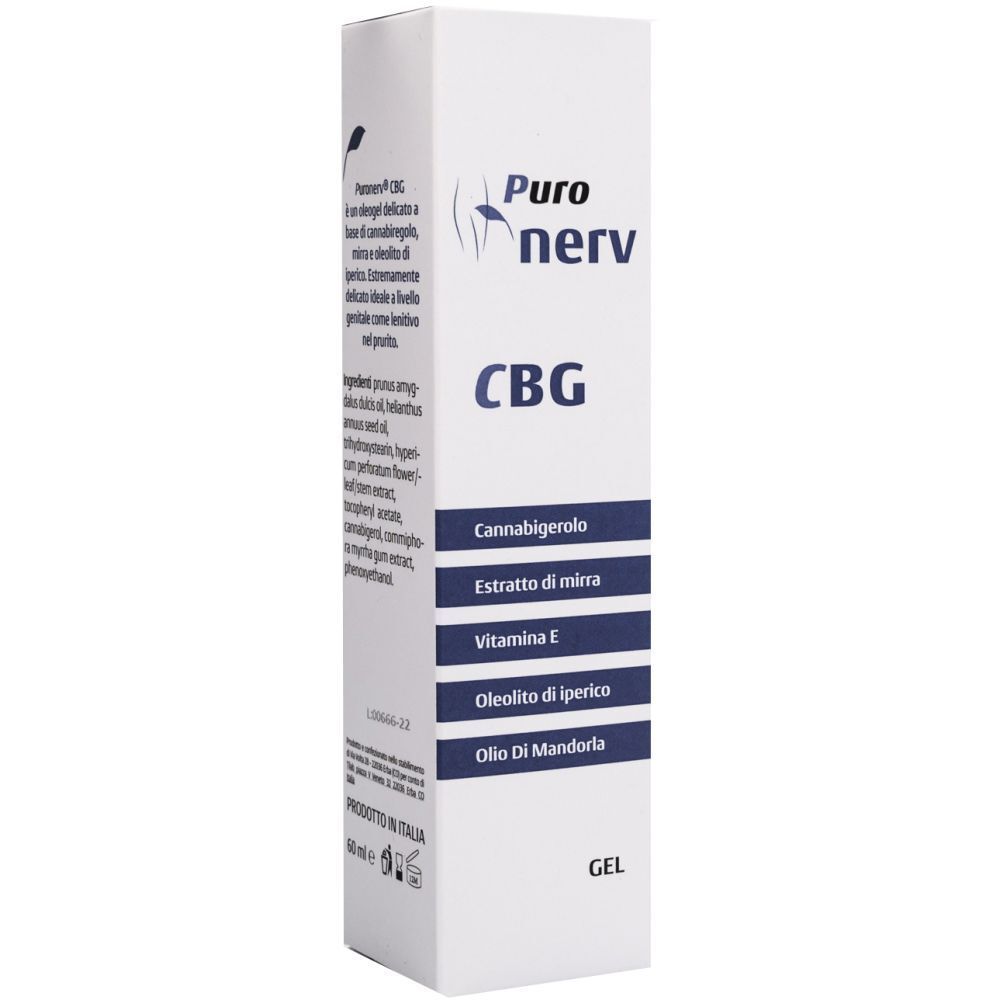 Scatola bianca con nome del prodotto e ingredienti. Scritto: Puro nerv CBG. Gel. Ingredienti in italiano.