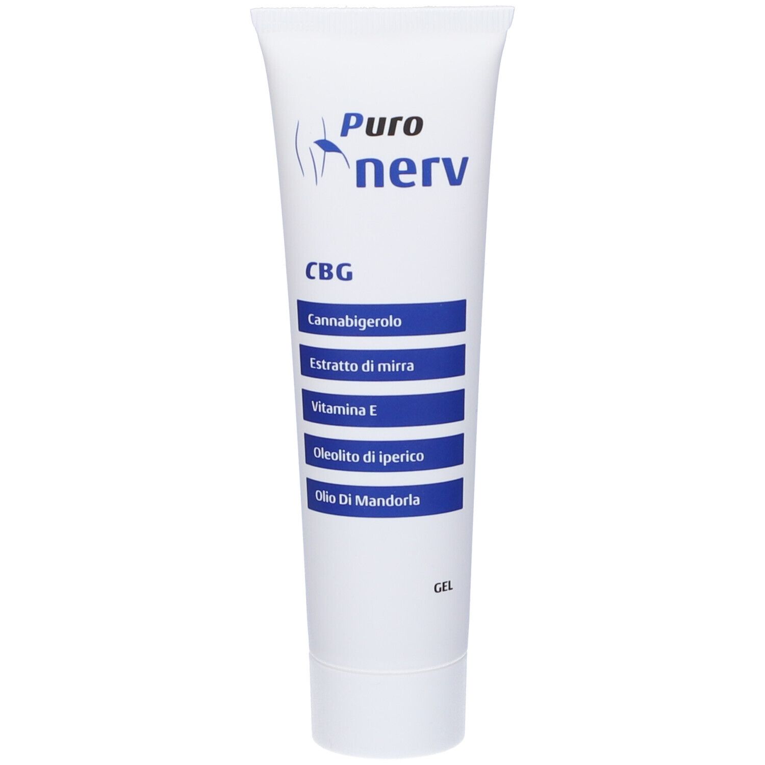 Tubo bianco con nome del prodotto e ingredienti. Scritto: Puro nerv CBG. Gel. Ingredienti in italiano.