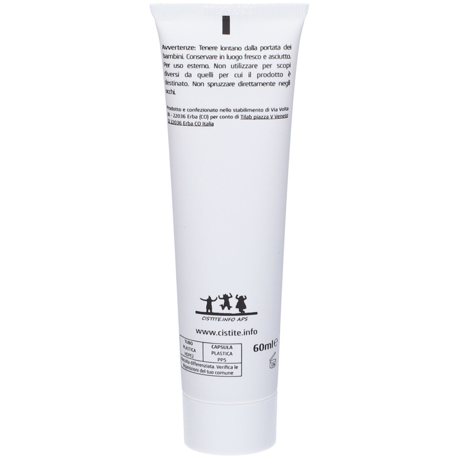 Retro di un tubo bianco. Testo in italiano. In basso: 60 ml. Logo e indirizzo del sito web.