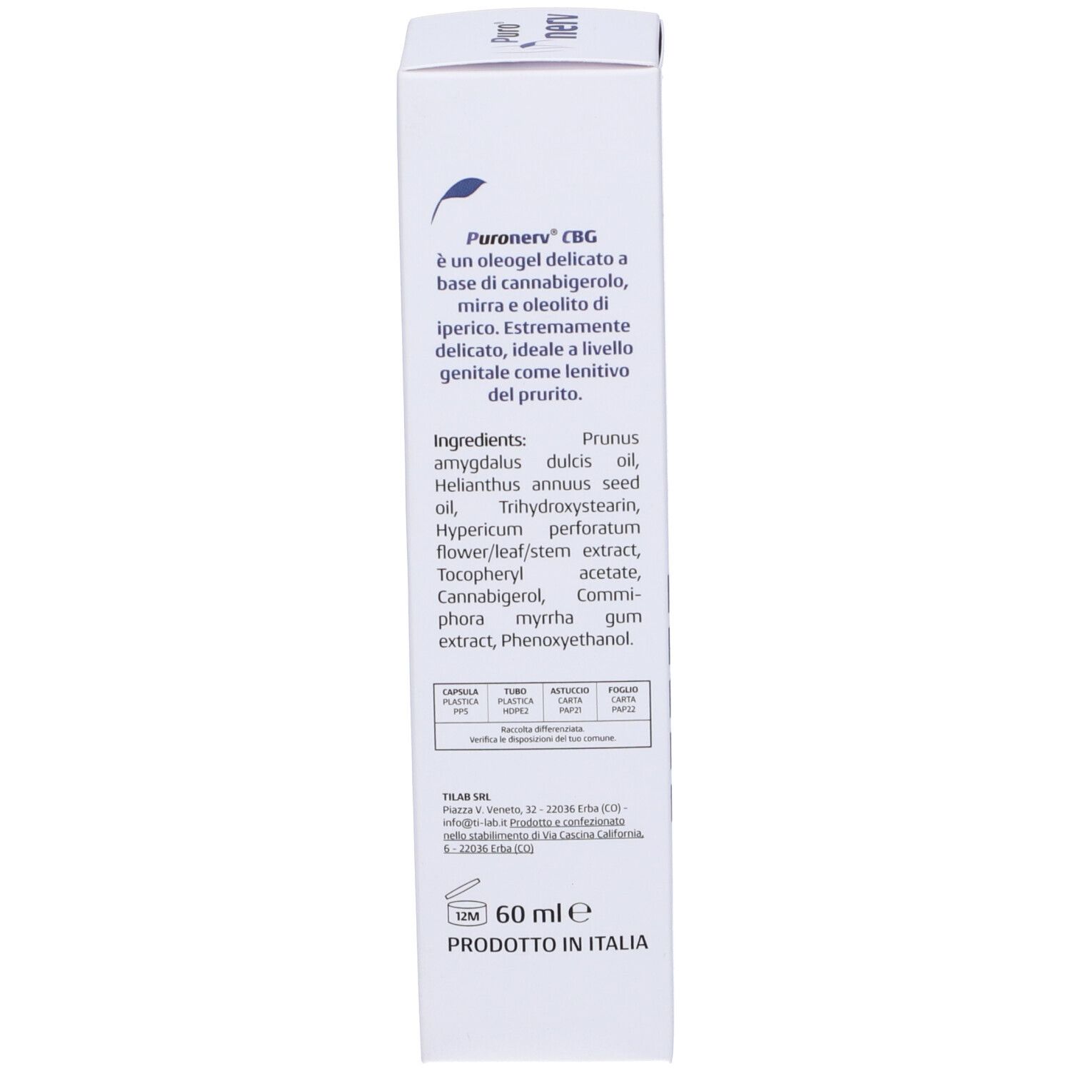 Scatola bianca con descrizione del prodotto e ingredienti. Testo in italiano. In basso: 60 ml. Prodotto in Italia.