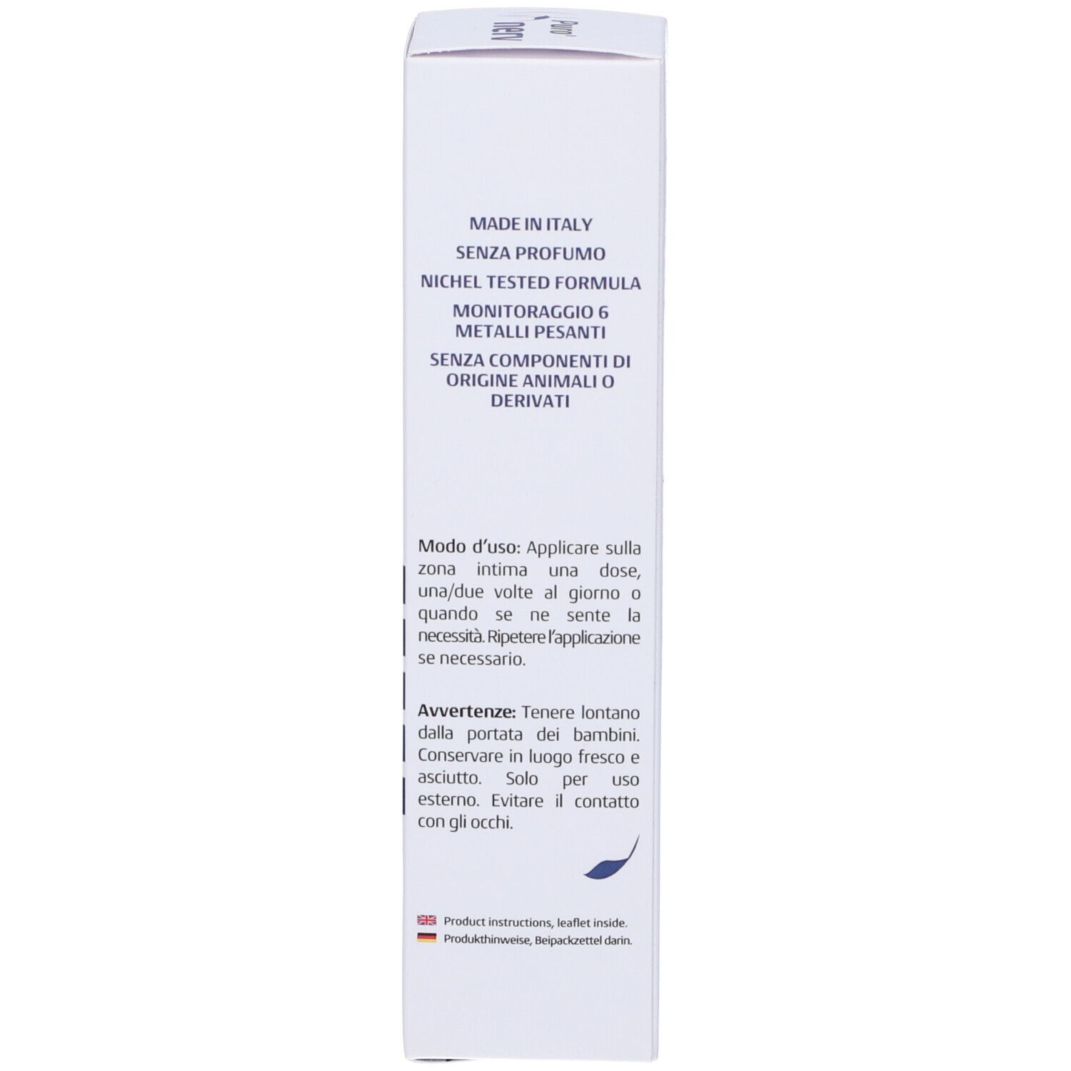 Scatola bianca con testo in italiano. Contiene: Made in Italy, senza profumo, testato al nichel, senza ingredienti di origine animale.